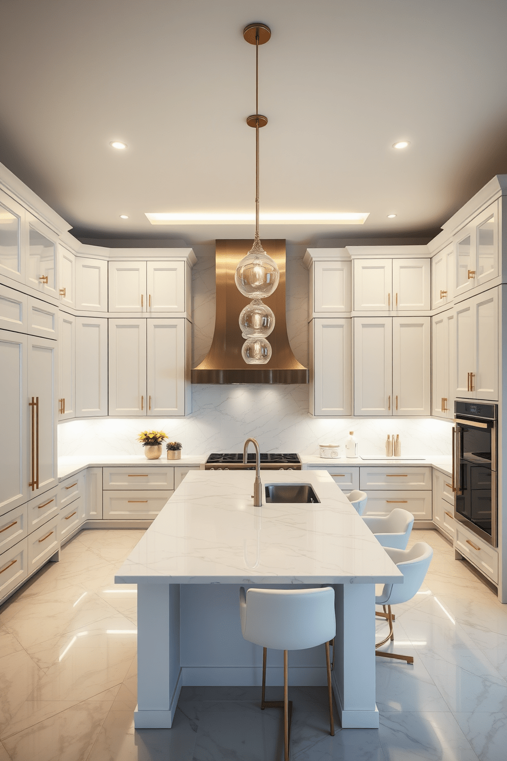 Sleek white cabinetry with gold accents creates a luxurious and contemporary atmosphere in the kitchen. The spacious layout features a large island with a white marble countertop, complemented by stylish bar stools and pendant lighting above.