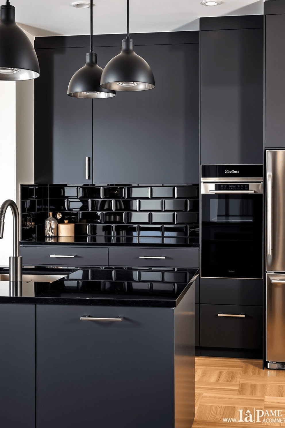 A sleek modern kitchen featuring a monochromatic color palette that emphasizes sophistication. The cabinetry is a deep charcoal gray with minimalist handles, complemented by a matching island topped with polished black granite. The backsplash consists of large glossy black tiles that reflect light beautifully. Stainless steel appliances add a touch of modernity, while pendant lights with a matte black finish hang gracefully above the island.