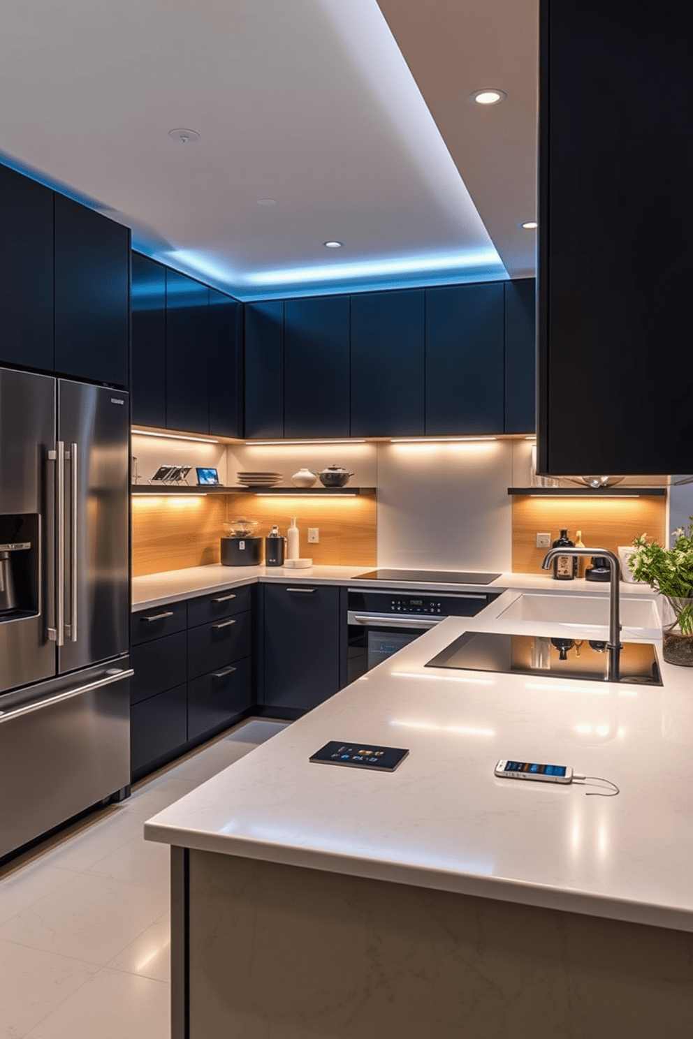 A sleek modern kitchen featuring smart home technology seamlessly integrated into the design. The kitchen includes touch-activated faucets, smart refrigerators with touchscreen interfaces, and under-cabinet lighting that adjusts based on the time of day. The cabinetry is a mix of matte black and warm wood finishes, creating a contemporary yet inviting atmosphere. A large island with a quartz countertop serves as both a cooking space and a gathering spot, equipped with built-in charging stations for devices.