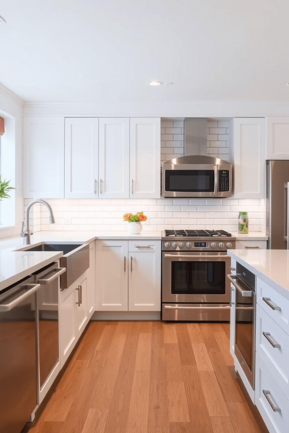 A modern kitchen featuring a subway tile backsplash that adds a classic touch. The cabinetry is sleek and white, complemented by stainless steel appliances and a large island with bar seating.