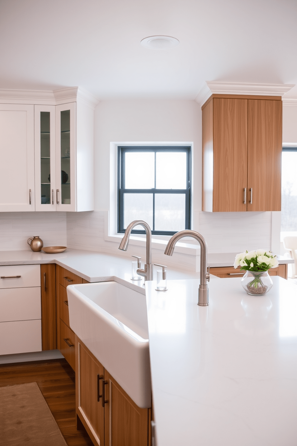 A modern kitchen design featuring a farmhouse sink with sleek, contemporary fixtures. The cabinetry is a blend of white and natural wood, creating a warm and inviting atmosphere. The countertops are made of quartz with subtle veining, complementing the overall aesthetic. Large windows allow natural light to flood the space, enhancing the bright and airy feel of the kitchen.