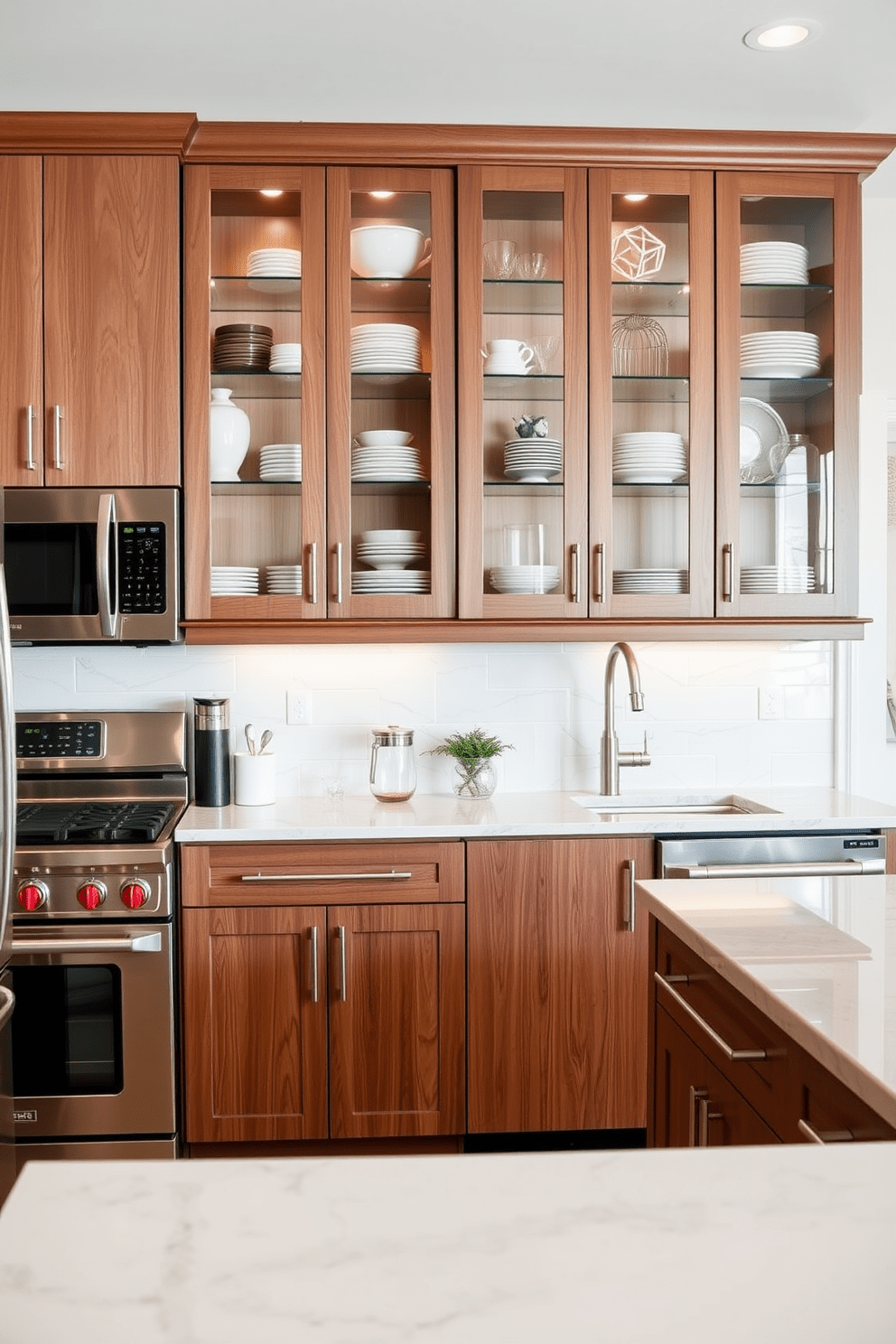 A modern kitchen features glass-front cabinets that beautifully display an array of elegant dishware. The cabinetry is complemented by sleek stainless steel appliances and a spacious island topped with a polished quartz countertop.