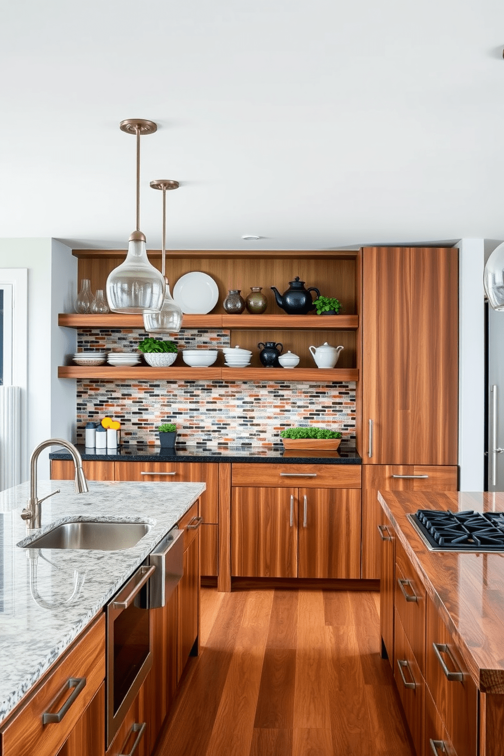 A modern kitchen featuring a blend of materials such as sleek stainless steel appliances and warm wooden cabinetry. The countertops are a combination of polished granite and reclaimed wood, creating a striking contrast that adds depth to the space. The backsplash is a mosaic of colorful tiles that catch the eye, while pendant lights made of glass and metal hang above a large kitchen island. Open shelving displays decorative dishware and potted herbs, enhancing the kitchen's inviting atmosphere.