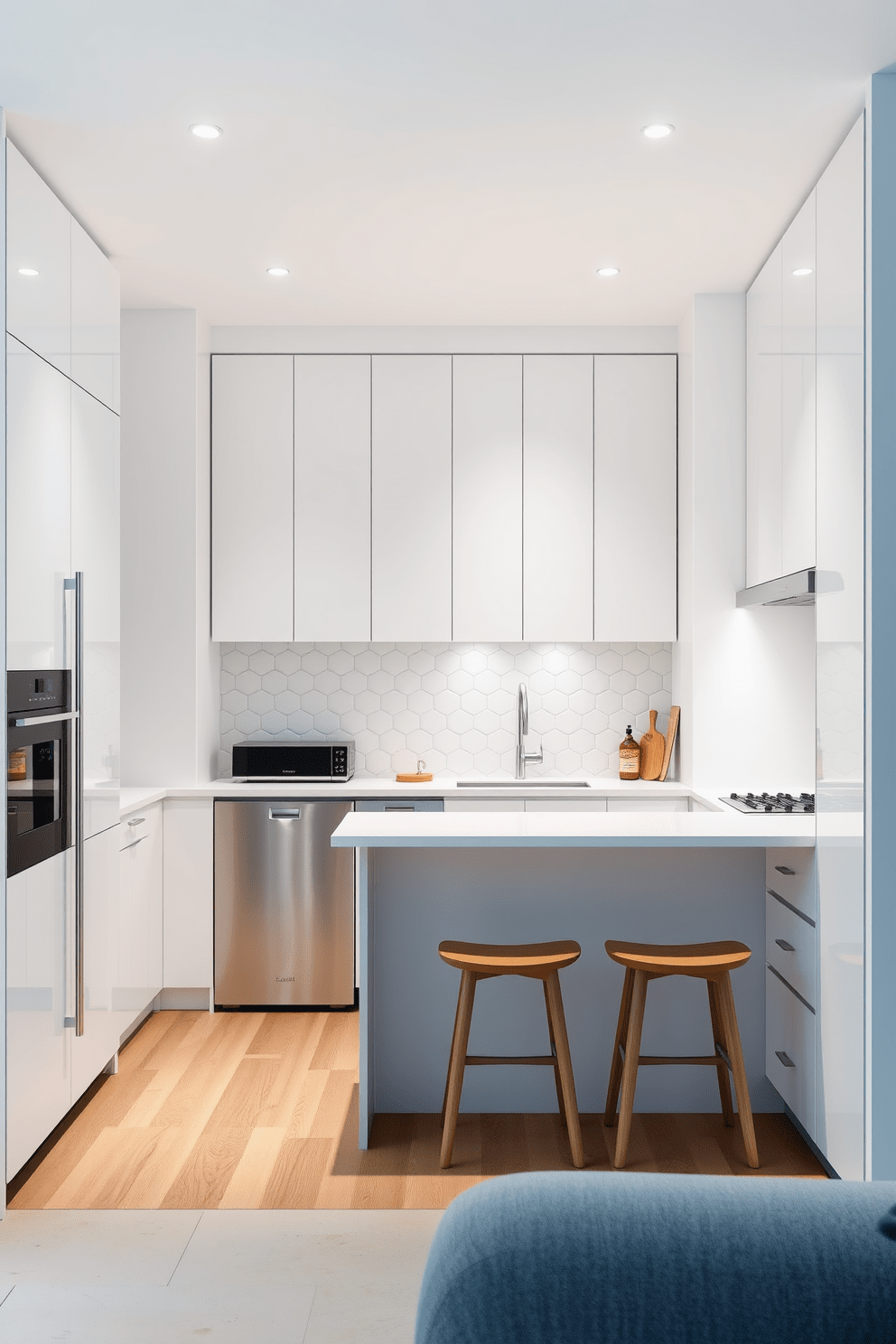 A modern kitchen design featuring a compact layout that maximizes space efficiency. Sleek cabinetry in white is paired with stainless steel appliances, creating a clean and functional environment. An island counter with bar stools serves as both a cooking and dining area, enhancing the usability of the space. The backsplash is adorned with geometric tiles, adding a contemporary touch while maintaining practicality.