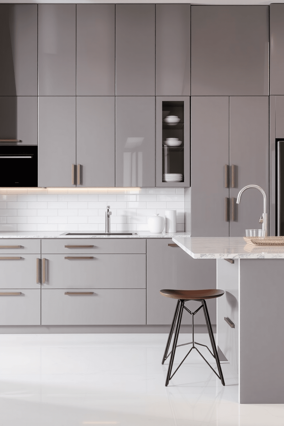 A modern kitchen featuring sleek cabinetry with integrated handles and a minimalist design. The countertops are made of quartz with a subtle pattern, and the backsplash is a glossy subway tile that reflects light beautifully. Incorporate hidden storage solutions such as pull-out drawers and cabinets that blend seamlessly with the overall design. A large island serves as both a cooking space and a casual dining area, with stylish bar stools tucked underneath.