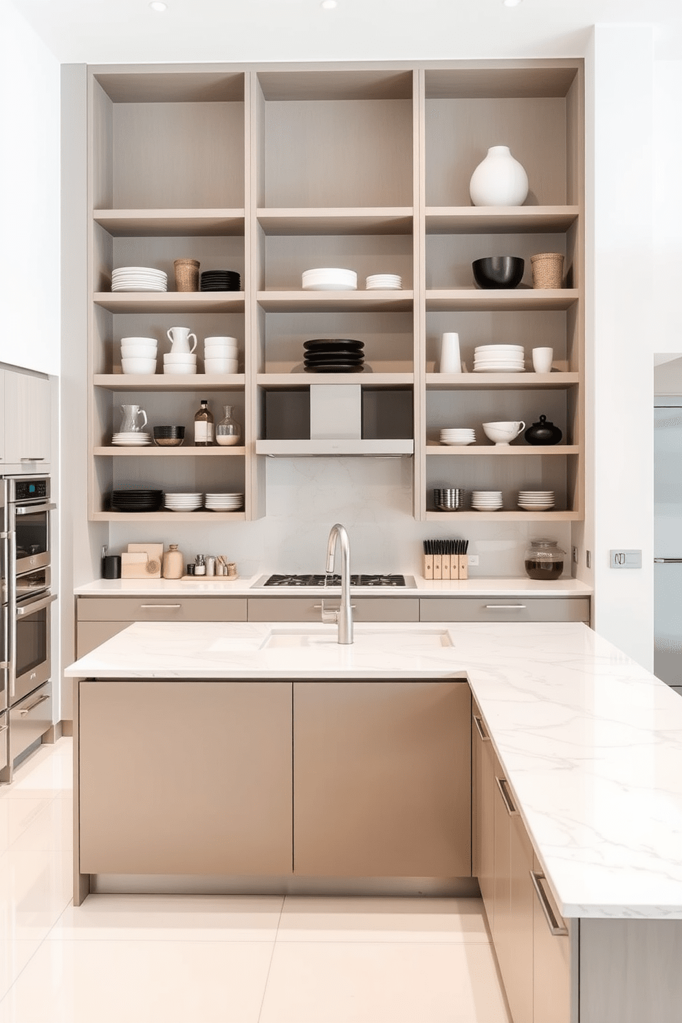 A modern kitchen featuring open shelving for easy access and display of cookware and decorative items. The cabinetry is sleek and minimalist, with a large island in the center topped with a stunning quartz countertop. The walls are painted in a soft white, creating a bright and airy atmosphere. Stainless steel appliances are seamlessly integrated, adding a touch of contemporary elegance to the space.