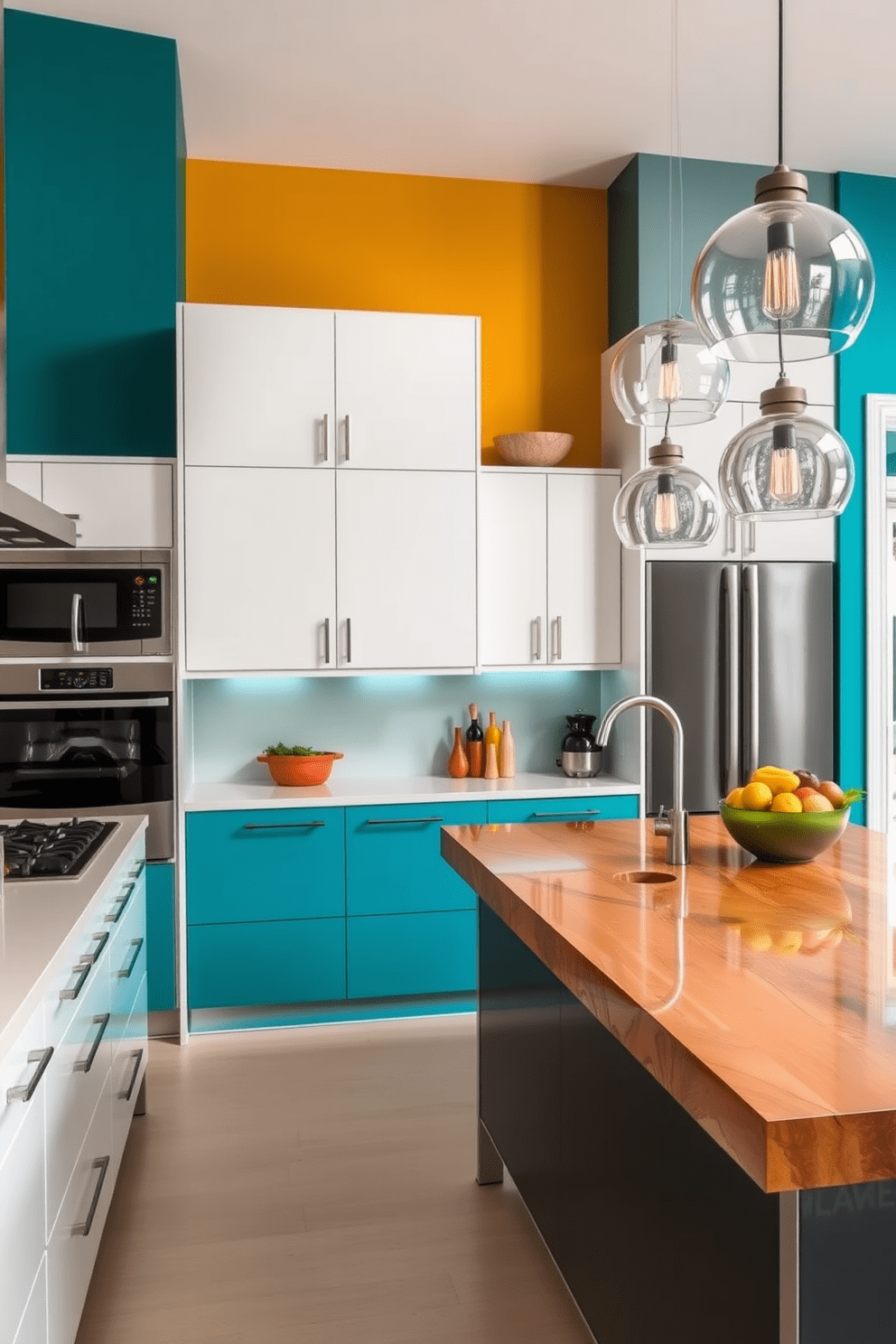 A vibrant kitchen featuring colorful accent walls that bring energy and life to the space. The walls are painted in bold hues like teal and mustard, contrasting beautifully with sleek white cabinetry. The kitchen showcases a large island with a waterfall countertop, perfect for both cooking and entertaining. Stylish pendant lights hang above the island, adding a contemporary touch to the overall design.