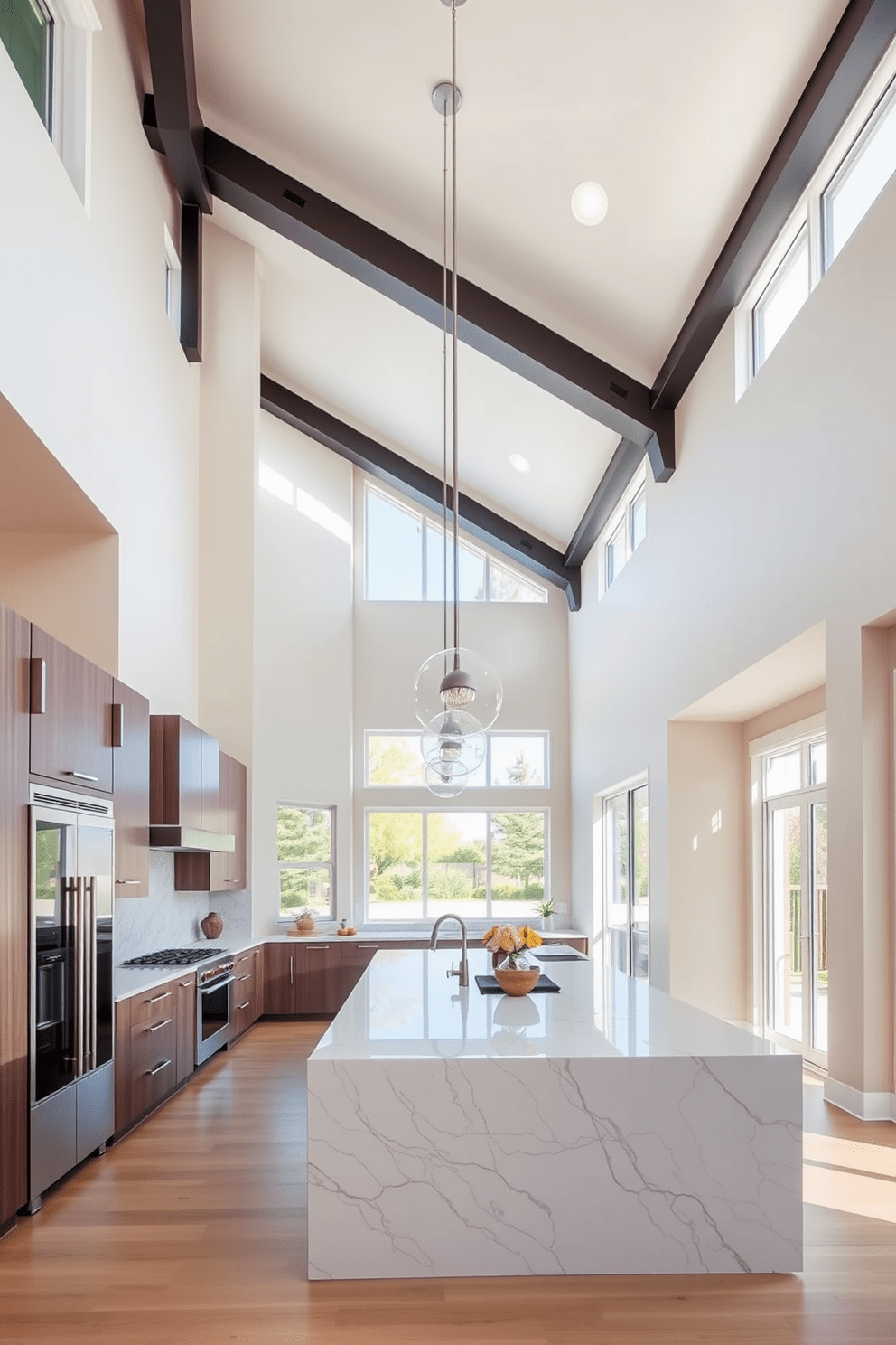 High ceilings with exposed beams create an airy and dramatic atmosphere in the kitchen. The space features sleek cabinetry, a large island with a waterfall countertop, and high-end appliances seamlessly integrated into the design. Natural light floods in through large windows, illuminating the open layout. Pendant lights hang above the island, adding a touch of elegance and warmth to the modern aesthetic.