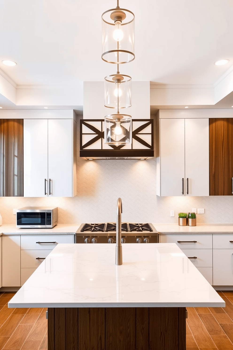 A modern kitchen featuring a striking decorative range hood as the centerpiece. The cabinetry is sleek and minimalist, with a combination of white and dark wood finishes that complement the overall design. The countertops are made of a polished quartz material, and the backsplash showcases a geometric tile pattern in soft neutral tones. Pendant lighting with a contemporary design hangs above an expansive kitchen island, creating a warm and inviting atmosphere.