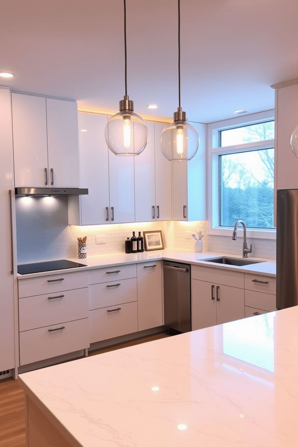 A modern kitchen featuring smart lighting systems that adjust based on time of day and activity. The cabinetry is sleek and minimalist, with an island that doubles as a breakfast bar illuminated by pendant lights. The countertops are made of polished quartz with a subtle veining pattern. Stainless steel appliances are seamlessly integrated, and a large window allows natural light to flood the space, enhancing the ambiance.