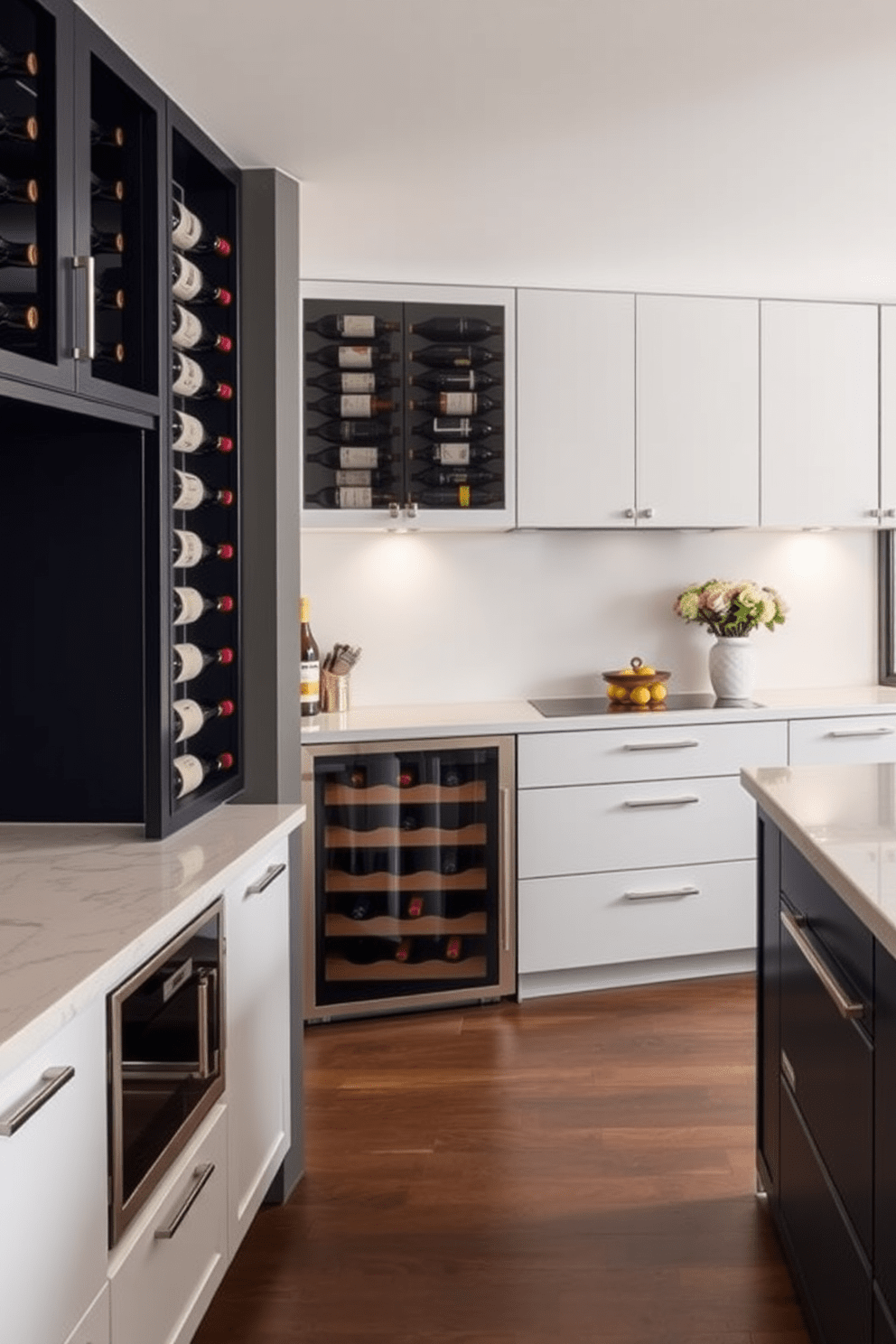 A modern kitchen featuring integrated wine racks designed for connoisseurs. The space includes sleek cabinetry with a minimalist aesthetic, complemented by a large island with a polished quartz countertop.