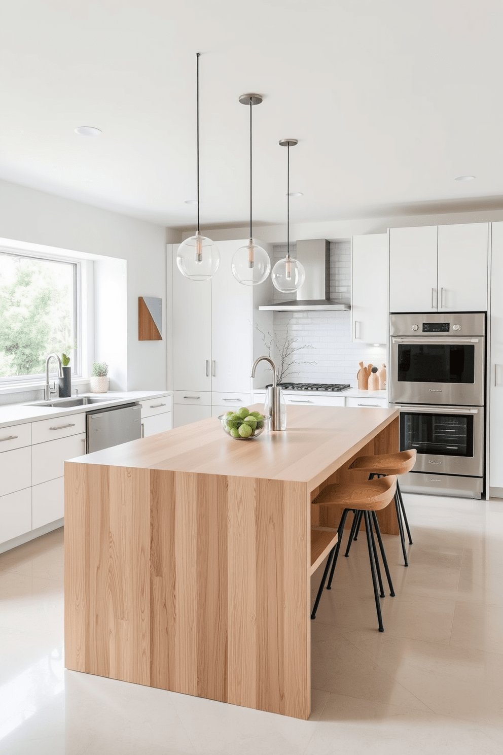 A sleek minimalist kitchen island features integrated seating options that blend seamlessly with the overall design. The island is finished in a light wood tone, complemented by soft white cabinetry and stainless steel appliances for a contemporary feel.