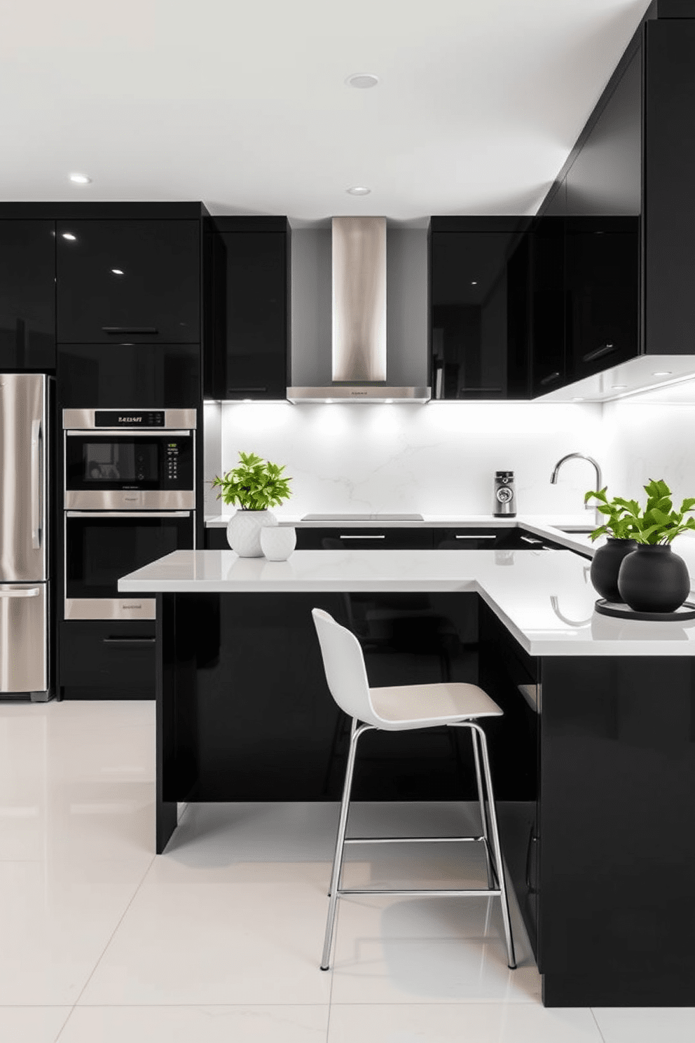 A modern kitchen design featuring a striking black and white color scheme. Sleek black cabinetry contrasts with white quartz countertops, creating a bold yet elegant look. The kitchen island, adorned with minimalist bar stools, serves as a focal point. Stainless steel appliances complement the overall aesthetic, enhancing functionality and style.