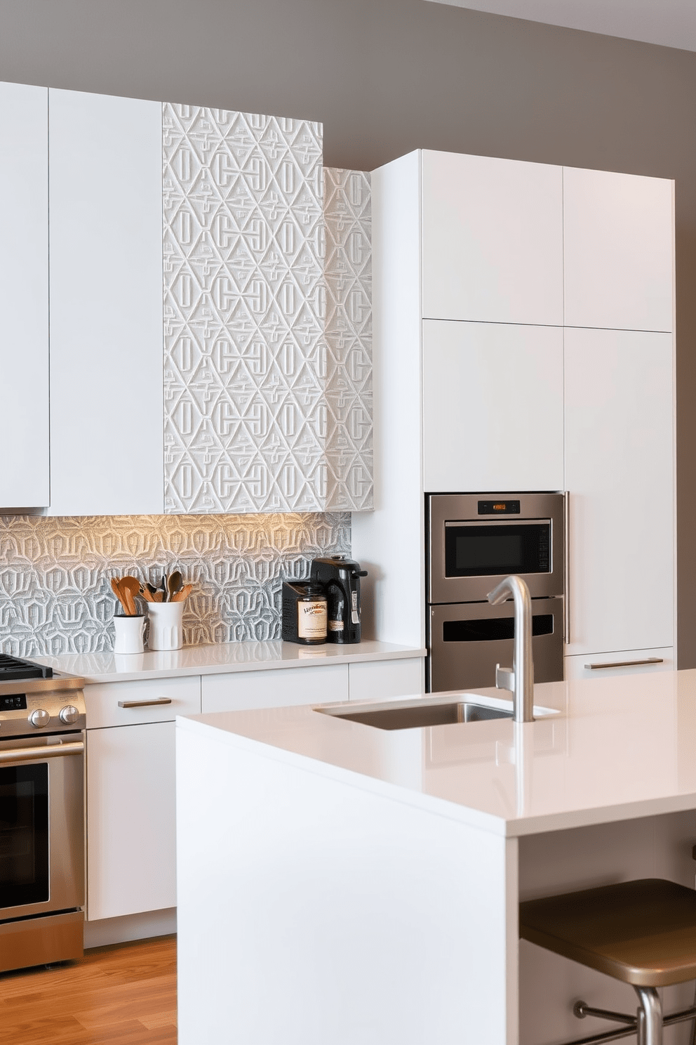 A modern kitchen featuring a textured backsplash adorned with geometric patterns. The cabinetry is sleek and minimalist, complemented by stainless steel appliances and a large island with bar seating.