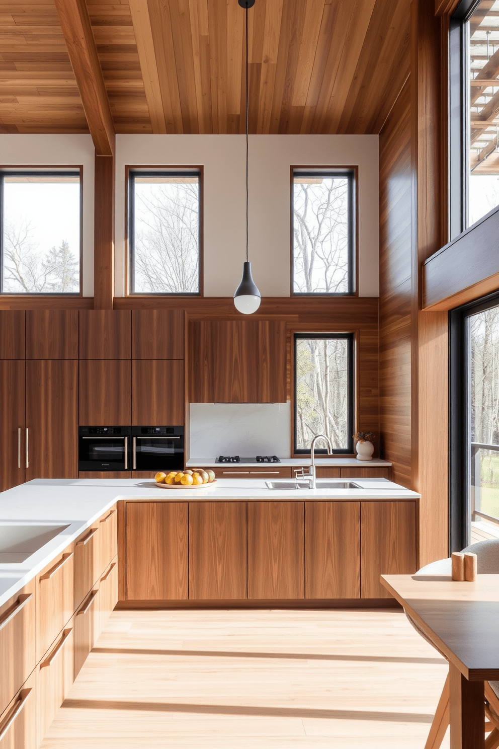 A modern kitchen design featuring natural wood elements that add warmth and texture to the space. The cabinetry is a rich walnut with sleek, minimalist hardware, complemented by a large island topped with a light-colored quartz surface. Large windows allow ample natural light to flood the room, highlighting the wood grain and creating a welcoming atmosphere. A stylish pendant light hangs above the island, providing both illumination and a focal point for the kitchen.