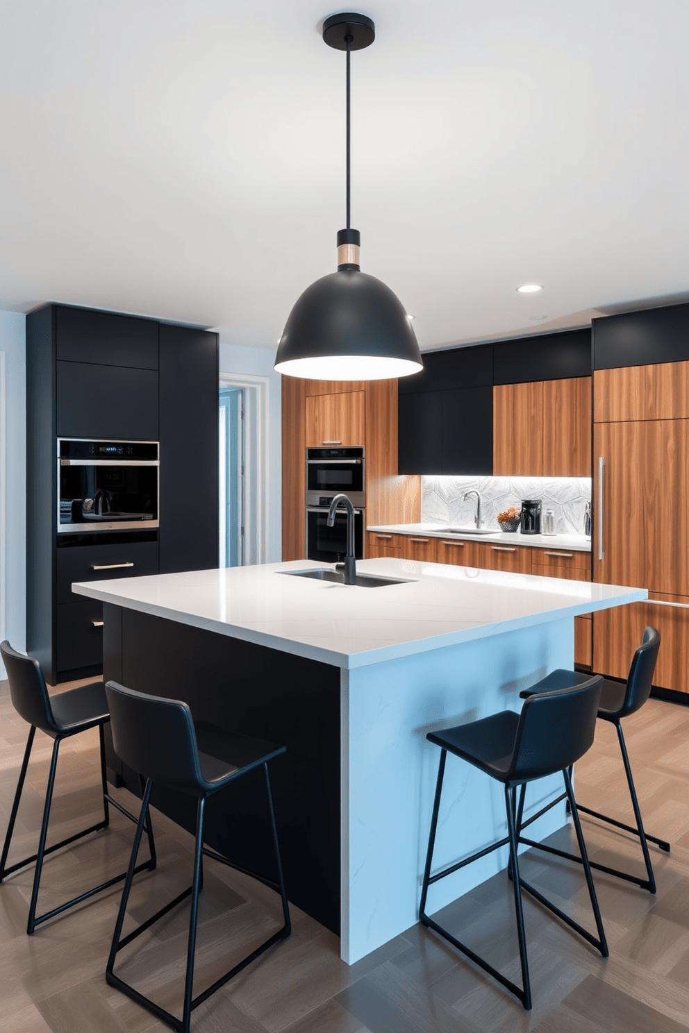 A modern kitchen featuring bold pendant lighting as a statement piece. The kitchen island is topped with a sleek quartz countertop and surrounded by stylish bar stools. The cabinetry is a mix of matte black and natural wood finishes, creating a striking contrast. State-of-the-art appliances are seamlessly integrated into the design for a polished look.