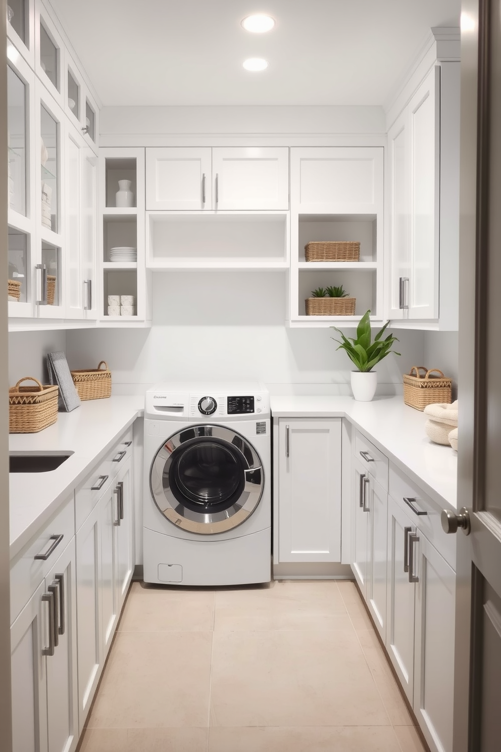 Bright white cabinetry with open shelving creates a clean and airy atmosphere in the modern laundry room. The countertops are made of sleek quartz, providing ample space for folding clothes and organizing laundry essentials. A stylish washer and dryer are seamlessly integrated into the cabinetry, maintaining a cohesive look. Decorative baskets and plants add a touch of warmth and personality to the space.