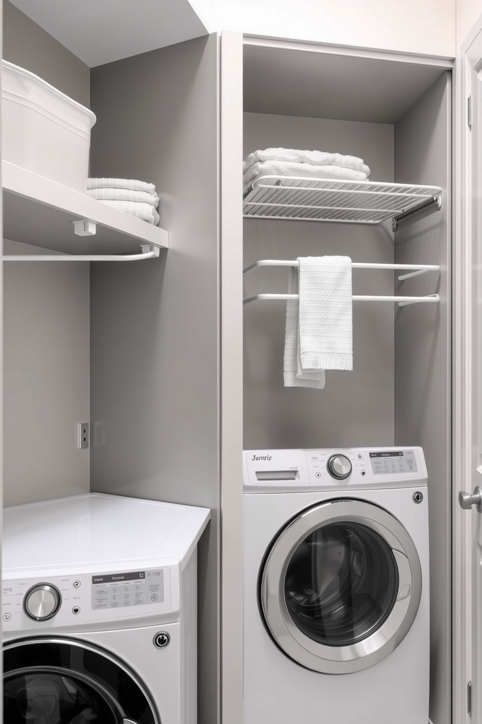 A modern laundry room features sleek wall-mounted drying rods for convenience and easy access. The space is designed with a minimalist aesthetic, incorporating a soft color palette and functional storage solutions.