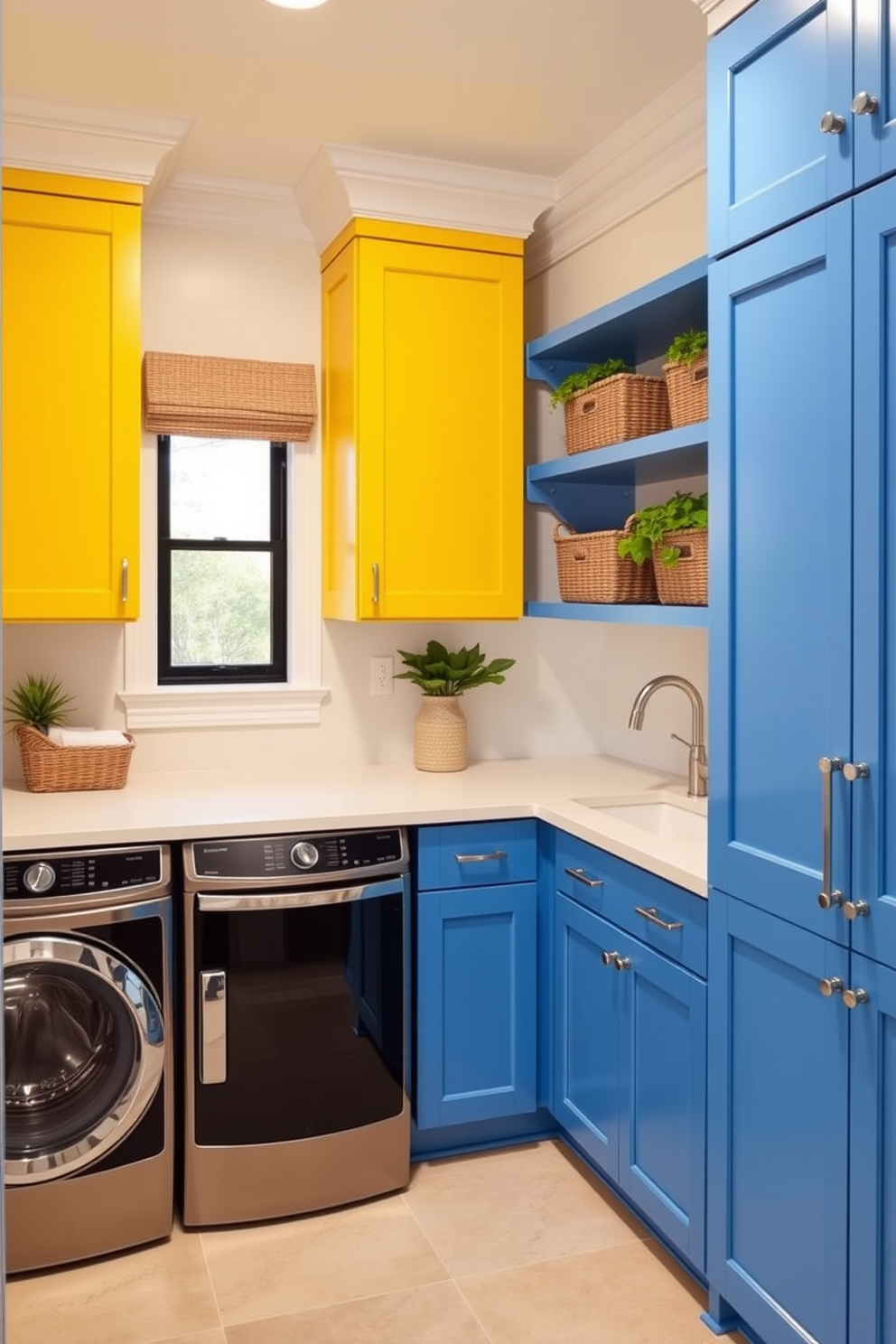 Colorful cabinetry adds a vibrant touch to a modern laundry room. The space features bright blue and yellow cabinets that contrast beautifully with a sleek white countertop and stainless steel appliances. A spacious layout allows for easy movement and organization. Decorative baskets and plants are strategically placed to enhance the room's functionality and aesthetic appeal.