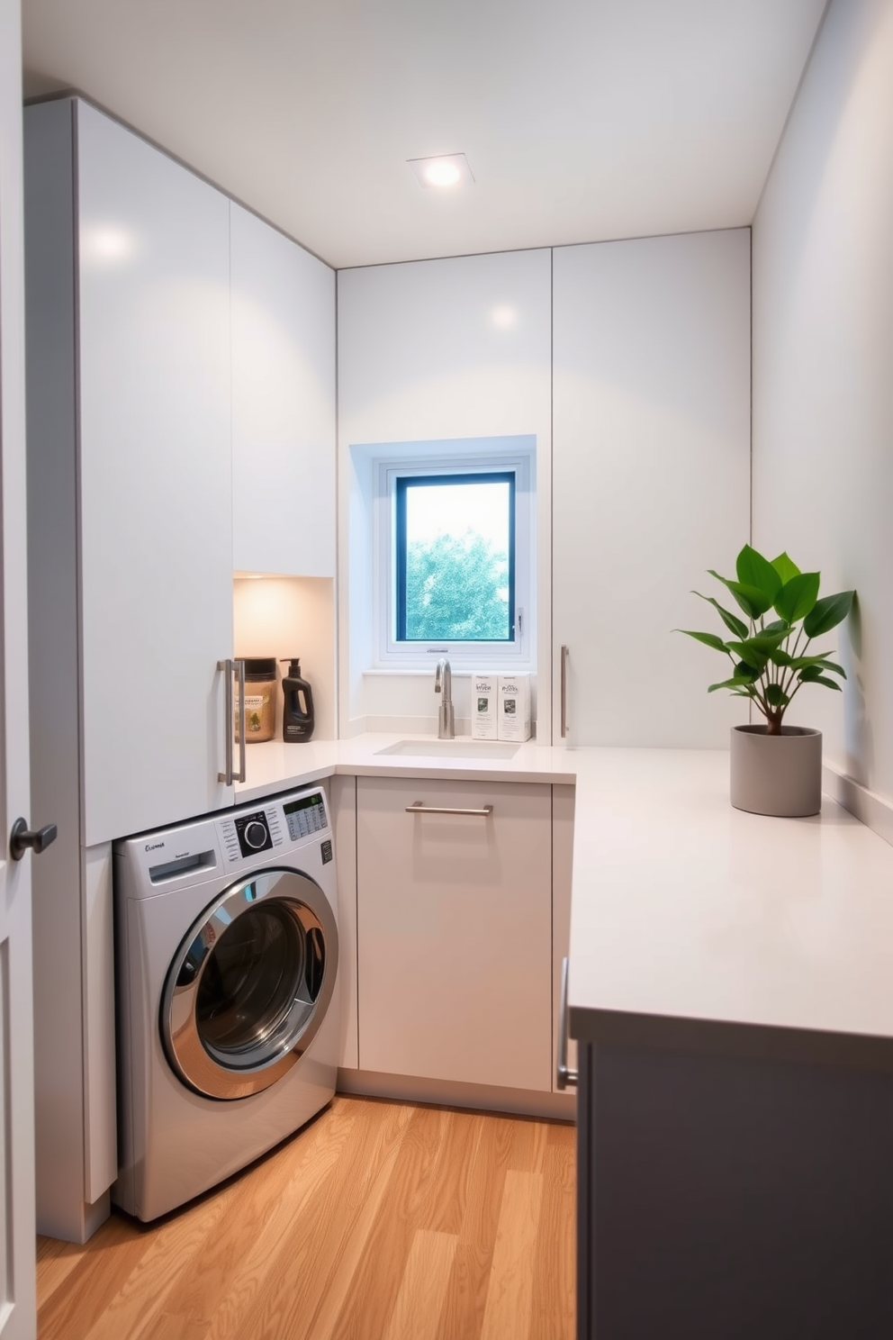 A modern laundry room features hidden appliances seamlessly integrated behind sleek cabinet doors. The cabinetry is finished in a soft white, creating a clean and airy atmosphere while maximizing storage space. Natural light streams in through a small window, illuminating the space and highlighting the minimalist decor. A stylish countertop provides ample workspace, adorned with neatly organized laundry essentials and a potted plant for a touch of greenery.