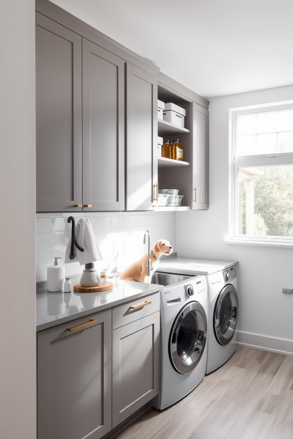 A modern laundry room designed as a multi-functional space that includes a dedicated pet wash area. The room features sleek cabinetry in a soft gray finish and a large utility sink with a detachable sprayer for easy pet washing. Bright white walls enhance the natural light streaming in from a large window, while the floor is covered in durable, water-resistant vinyl planks. An organized shelving unit holds laundry supplies and pet grooming essentials, creating a seamless blend of functionality and style.