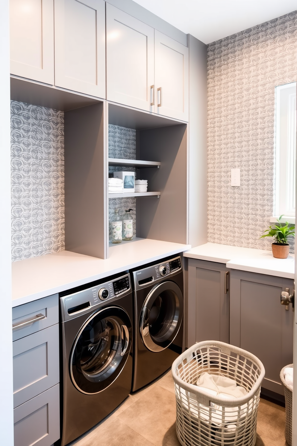 A modern laundry room featuring textured wallpaper that adds depth and interest to the space. The room includes sleek cabinetry in a soft gray finish, with a white countertop that provides ample folding space. Incorporated into the design are energy-efficient appliances in stainless steel, seamlessly integrated into the cabinetry. A stylish laundry basket sits in one corner, and a small potted plant adds a touch of greenery to the room.