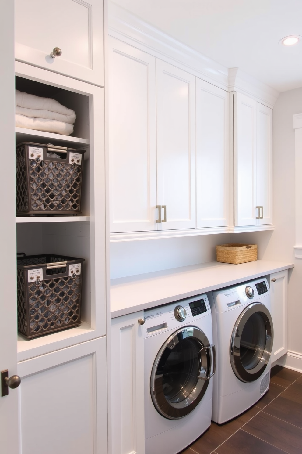 A modern laundry room features built-in hampers seamlessly integrated into cabinetry for organized laundry storage. The space is bright and airy with white cabinetry and a sleek countertop, complemented by stylish lighting fixtures.