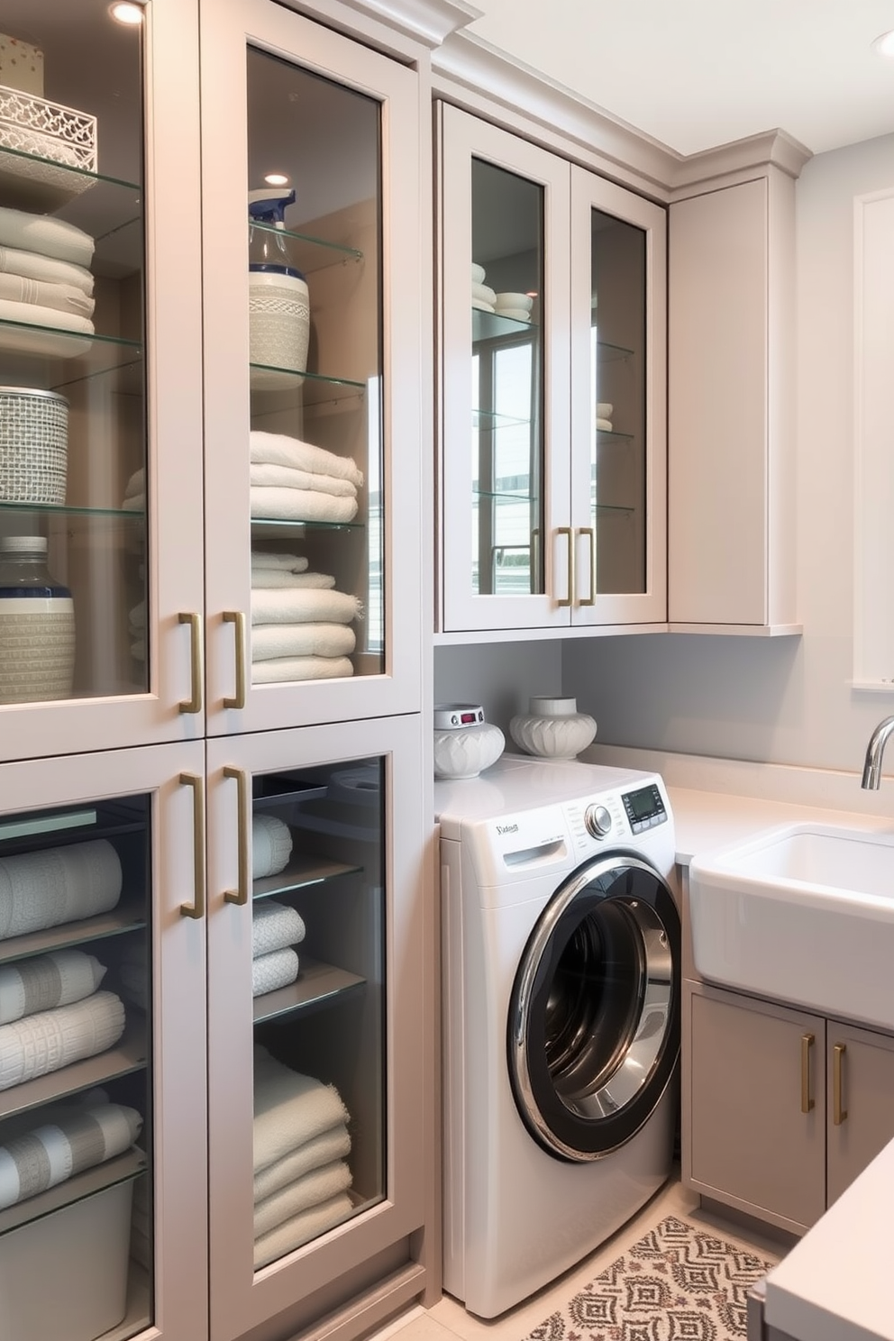 A modern laundry room features glass-front cabinets that provide stylish storage for cleaning supplies and linens. The cabinets are complemented by sleek countertops and a spacious sink, creating a functional yet elegant space.