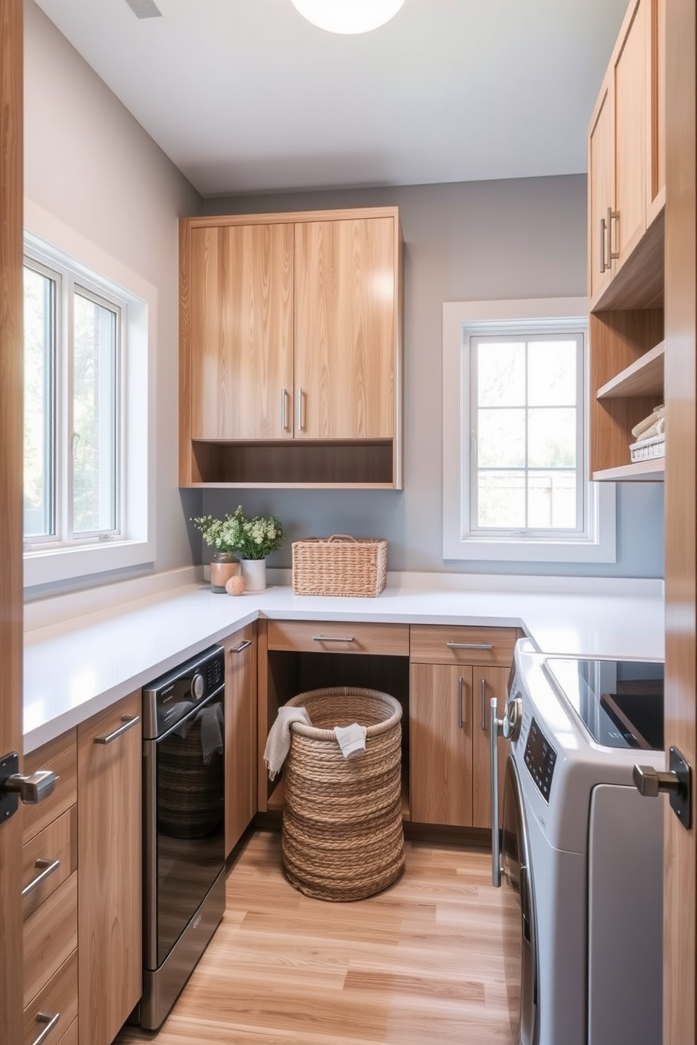 A modern laundry room featuring natural wood elements for warmth. The cabinetry is crafted from light oak, complemented by a sleek white countertop and stainless steel appliances. The walls are painted in a soft gray, creating a calming atmosphere. A large window allows natural light to flood the space, highlighting a stylish laundry basket made of woven materials.