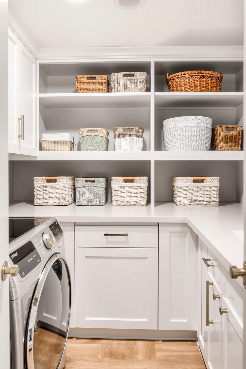 A modern laundry room features open shelving adorned with decorative baskets in various textures and colors. The walls are painted in a soft gray hue, complementing the sleek white cabinetry and stainless steel appliances.