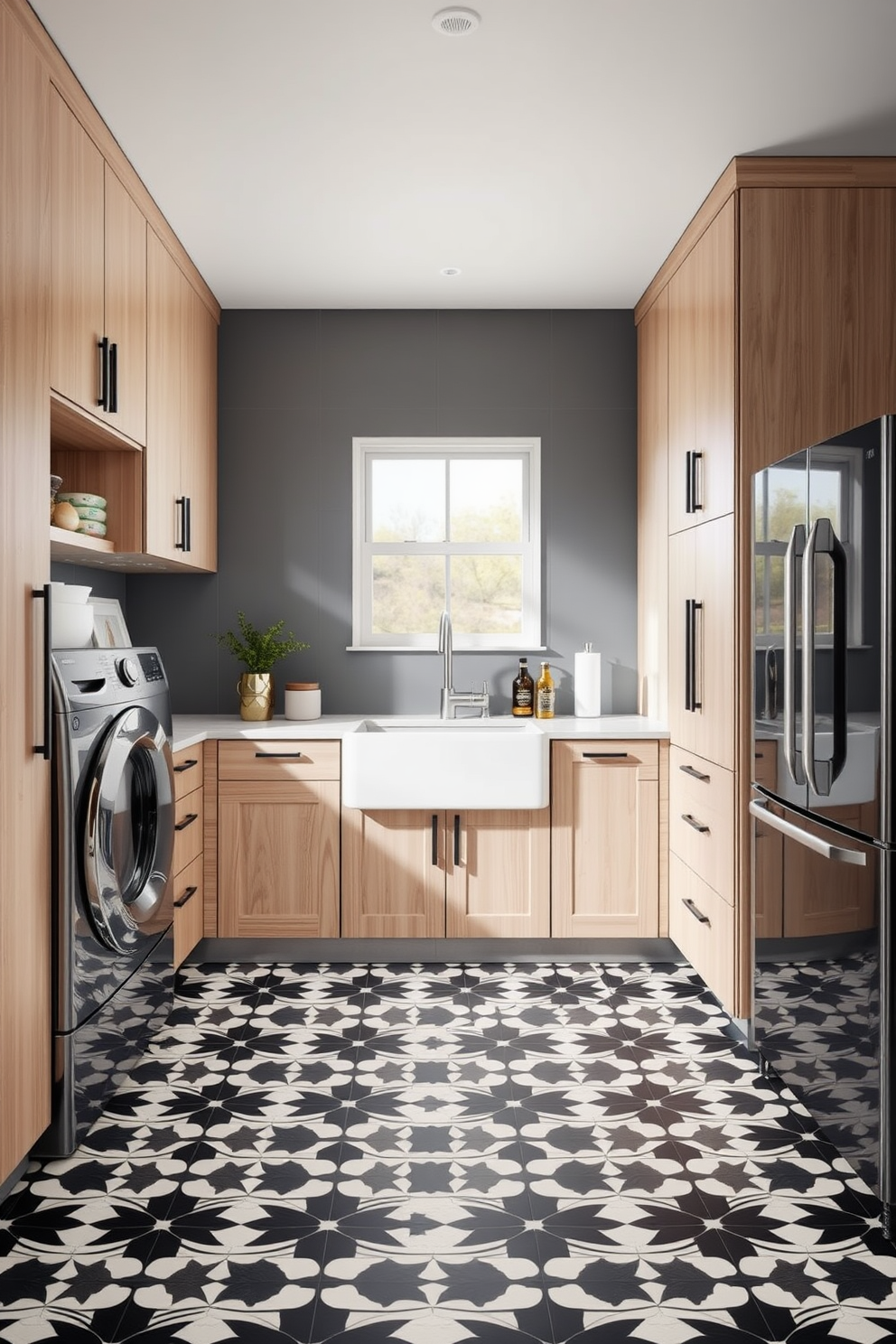 A modern laundry room featuring bold patterned tiles that create a striking statement on the floor. The space includes sleek cabinetry in a light wood finish, complemented by a large farmhouse sink and stainless steel appliances.