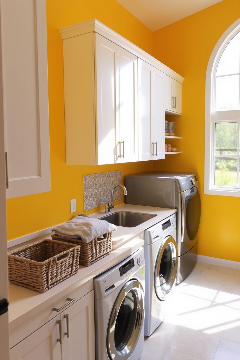 Bright accent walls bring a cheerful and vibrant atmosphere to a modern laundry room. The walls are painted in a sunny yellow shade, complemented by sleek white cabinetry and stainless steel appliances. The space features a stylish countertop for folding clothes, adorned with decorative storage baskets. A large window allows natural light to flood the room, enhancing the cheerful ambiance.