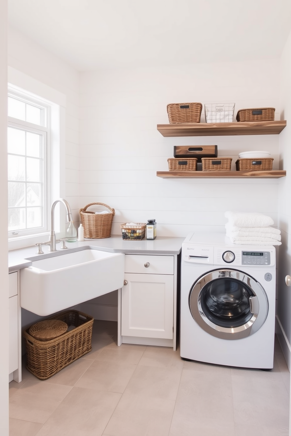 A bright and airy laundry room featuring a large farmhouse sink with a brushed nickel faucet. The walls are painted in a soft white hue, complemented by rustic wooden shelves holding neatly arranged baskets and laundry supplies. The flooring consists of light gray tiles that add a modern touch. A stylish washer and dryer set is stacked next to the sink, with a countertop above for folding clothes, creating a functional and inviting space.