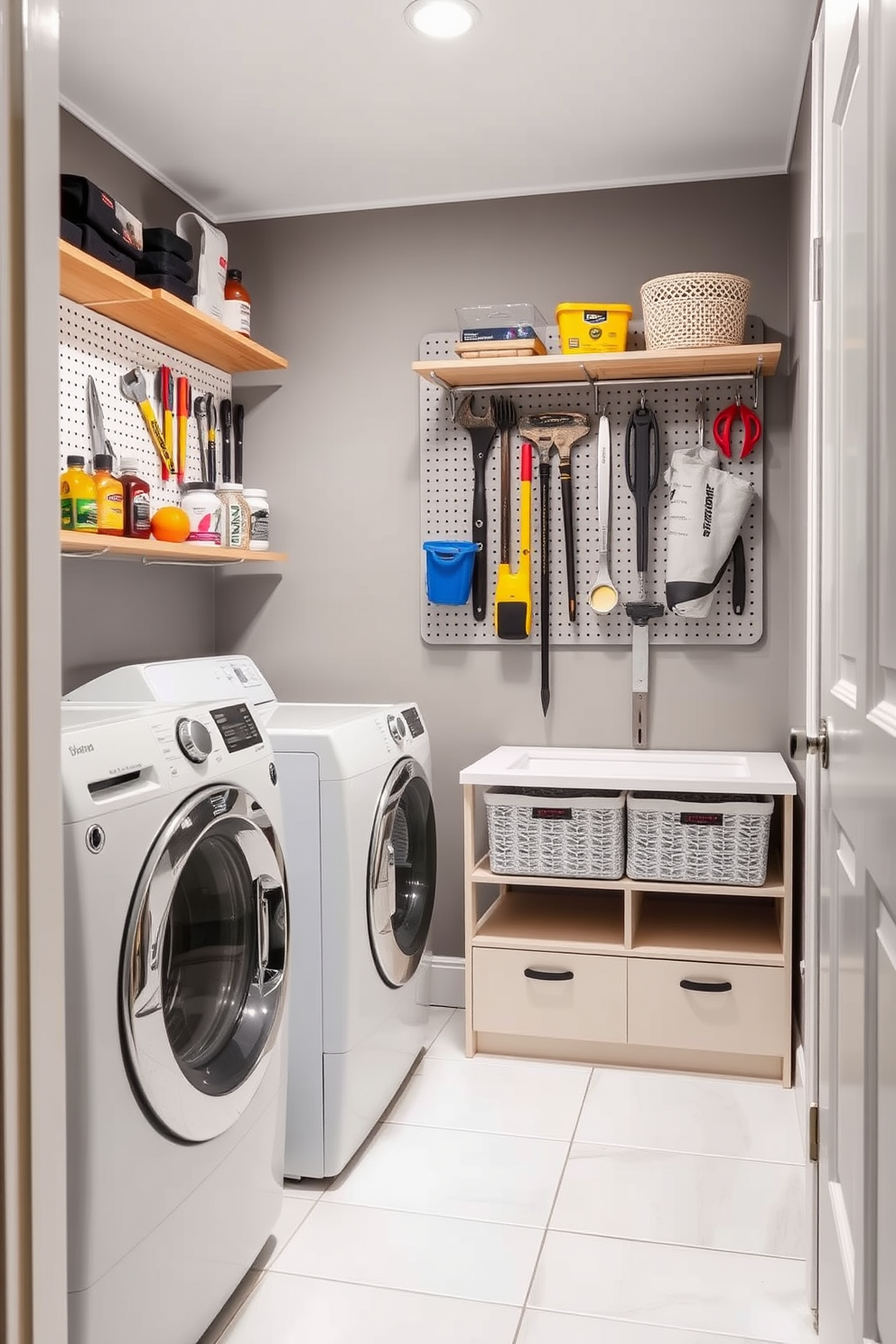 A modern laundry room features functional pegboards for hanging tools and organizing supplies. The walls are painted in a soft gray, and the floor is adorned with large white tiles for a clean look.