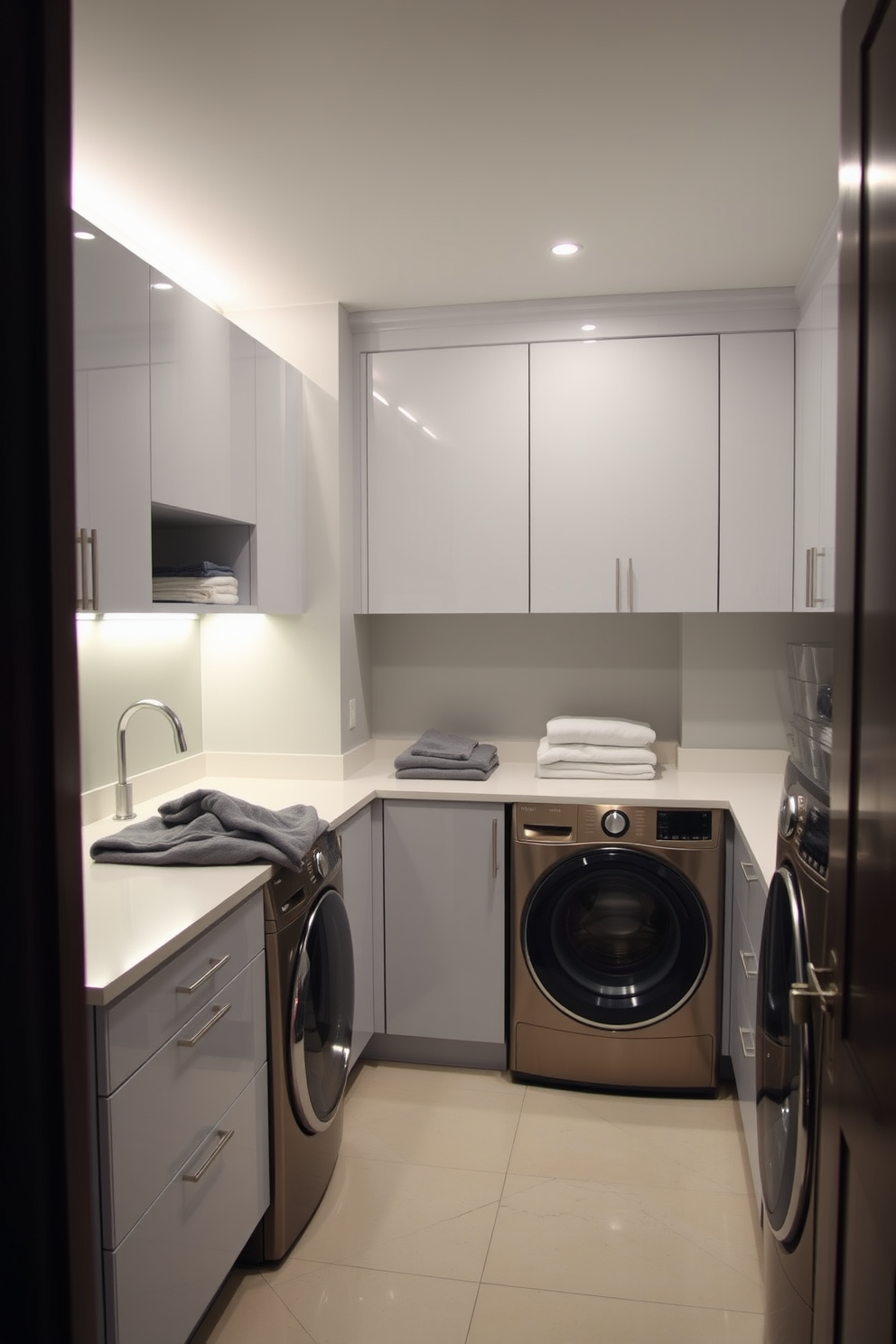 A modern laundry room features sleek countertops that provide ample space for folding and sorting clothes. The cabinetry is minimalist, with a glossy finish that enhances the room's clean aesthetic. The walls are painted in a soft gray, complementing the stainless steel appliances. Bright LED lighting illuminates the workspace, making it functional and inviting.