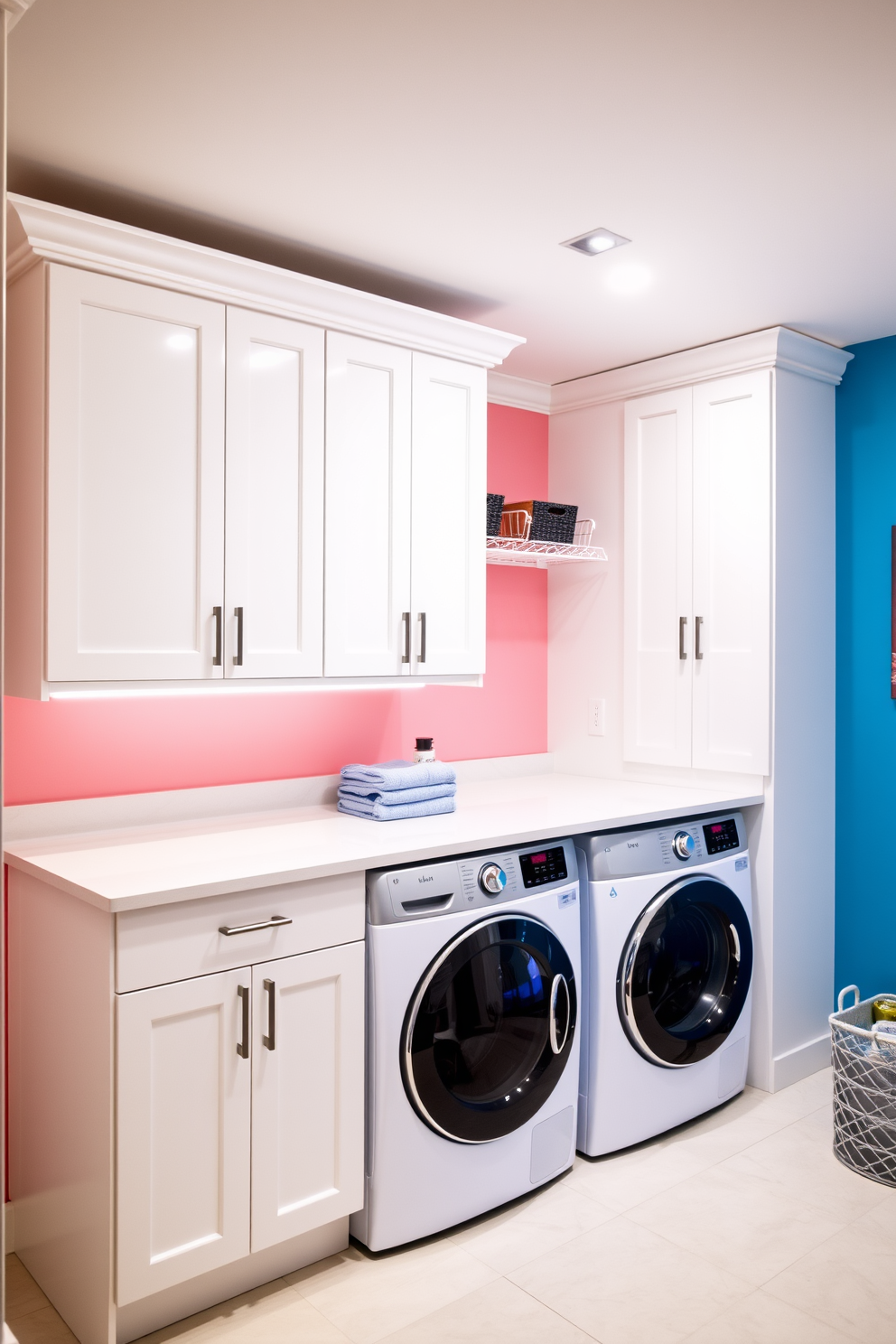 A bright and airy laundry room features sleek white cabinetry and a spacious countertop for folding clothes. Bright LED lighting illuminates the space, enhancing the modern aesthetic and making tasks easier. The room includes a stylish washer and dryer stacked for efficiency, with a decorative shelf above for storage. A vibrant accent wall adds a pop of color, complemented by a chic laundry basket in the corner.