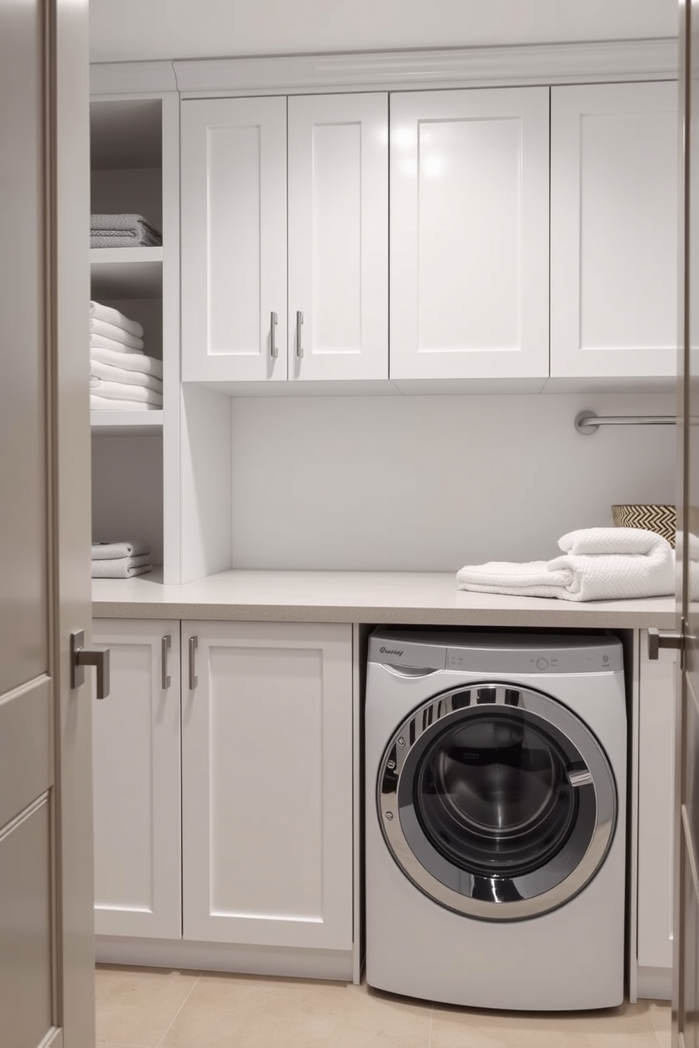 A modern laundry room featuring compact washer-dryer units designed for small spaces. The room includes sleek cabinetry in a light color that maximizes storage and a countertop for folding clothes.