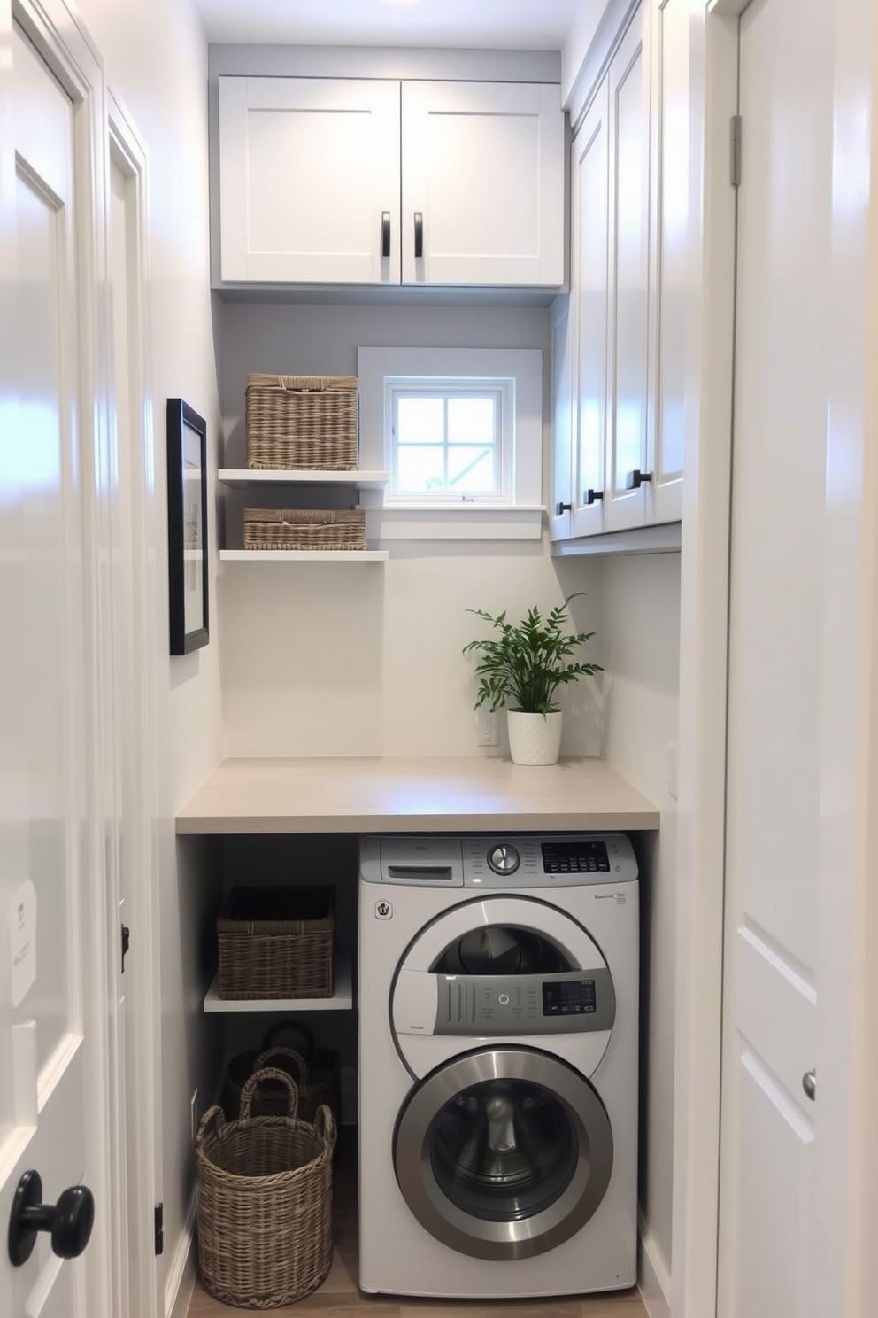 A cozy laundry nook tucked away in a hallway. The space features a compact washer and dryer stacked with a sleek countertop above for folding clothes. Light gray cabinetry provides ample storage, while a small window allows natural light to brighten the area. Decorative baskets and plants add a touch of warmth and style to this functional space.