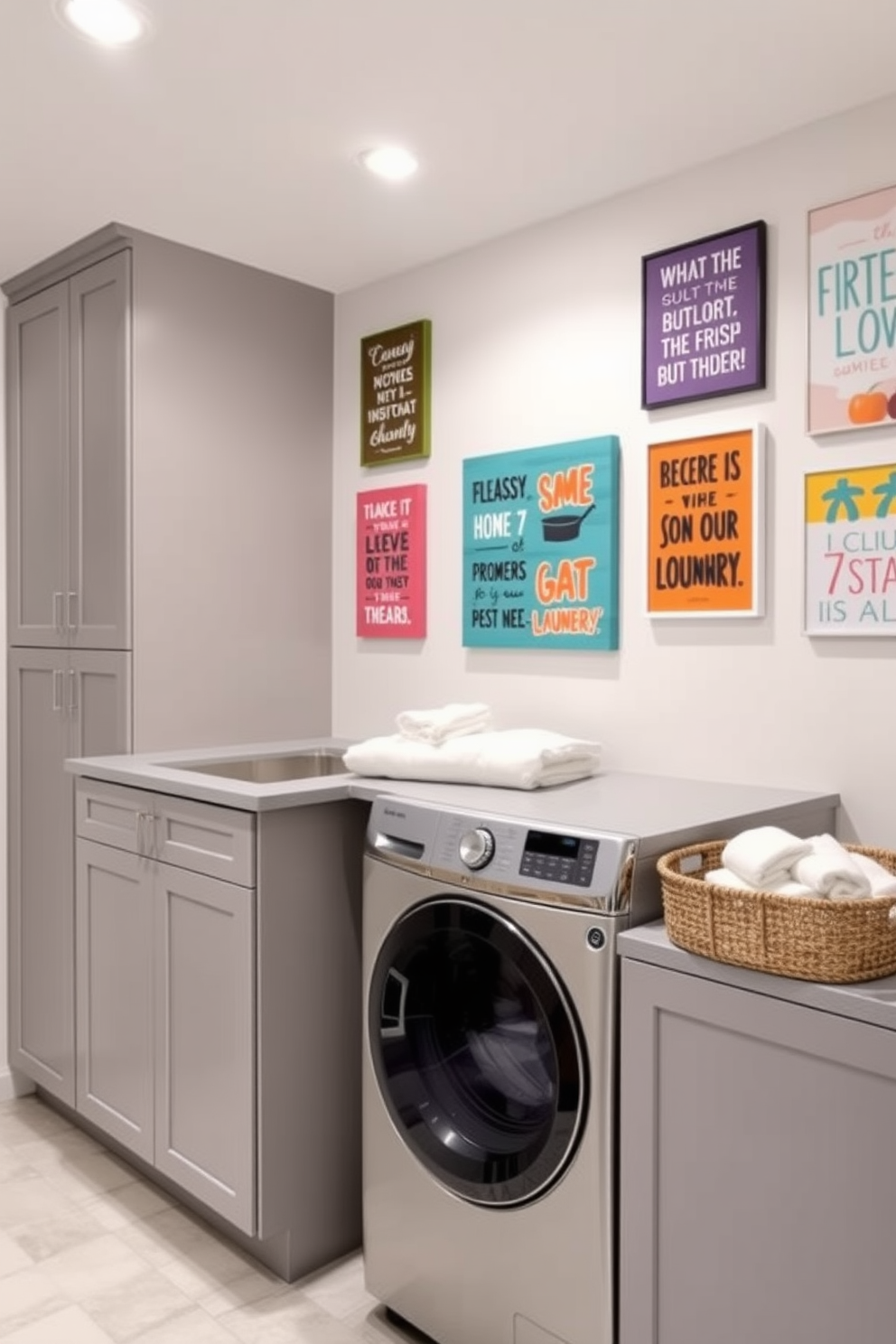 A modern laundry room featuring creative wall art that adds a splash of color and personality. The walls are adorned with vibrant prints and motivational quotes, making the space inviting and inspiring for daily chores. The room includes sleek cabinetry in a soft gray finish, providing ample storage for laundry essentials. A spacious countertop offers a convenient folding area, while a stylish basket holds fresh linens.