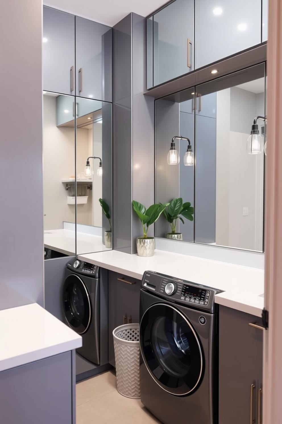 A modern laundry room featuring clever use of mirrors to enhance the sense of space. The design includes sleek cabinetry with a glossy finish and a large mirror that reflects natural light, making the room feel more open. The walls are painted in a soft gray hue, complemented by bright white countertops. A stylish laundry basket sits in one corner, and a small potted plant adds a touch of greenery to the space.