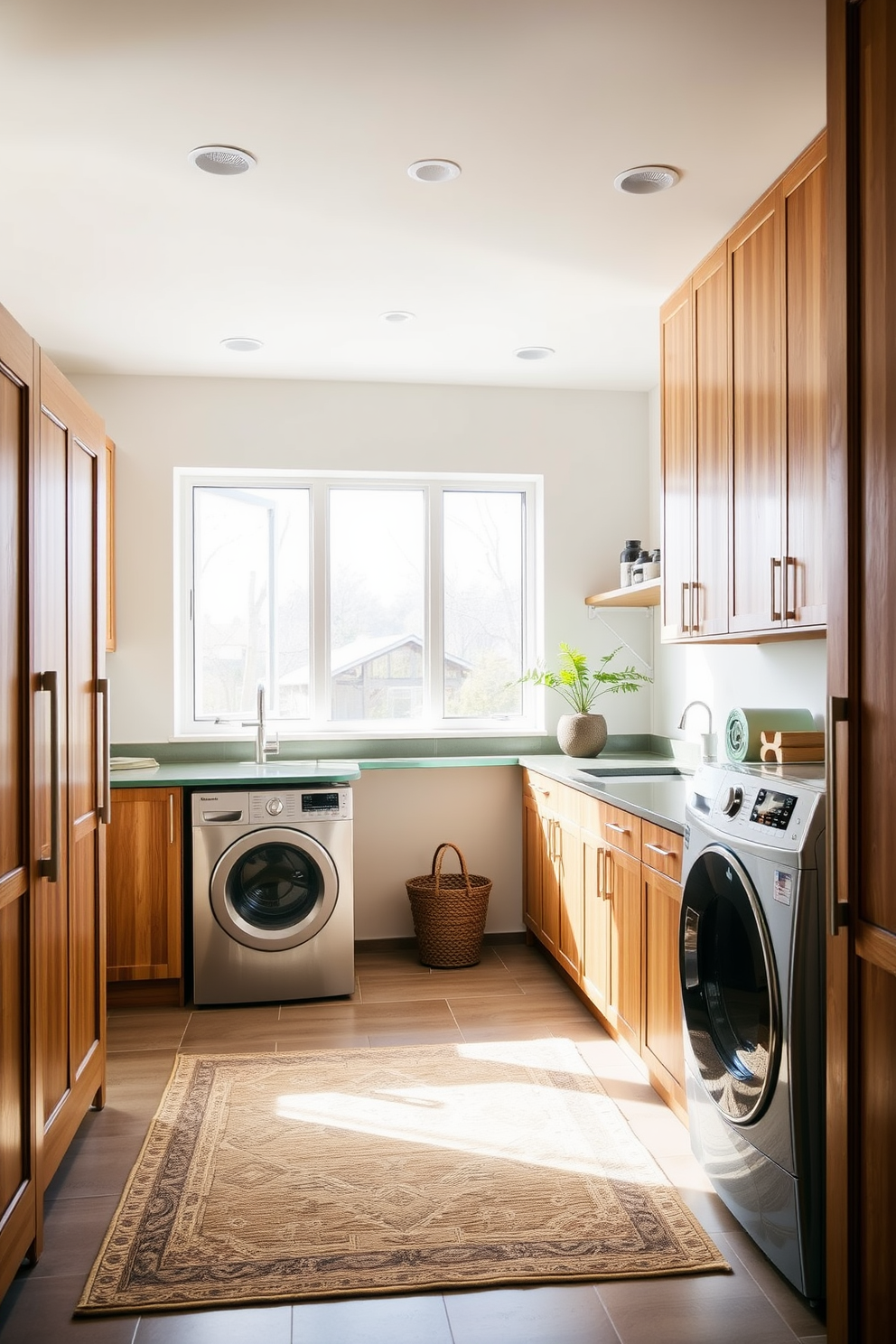 A modern laundry room featuring eco-friendly materials such as bamboo cabinets and recycled glass countertops. The space is bright and airy with large windows allowing natural light to flood in, complemented by energy-efficient appliances. The walls are painted in a soft, neutral color to create a calming atmosphere. A stylish area rug made from organic fibers adds warmth and comfort underfoot.