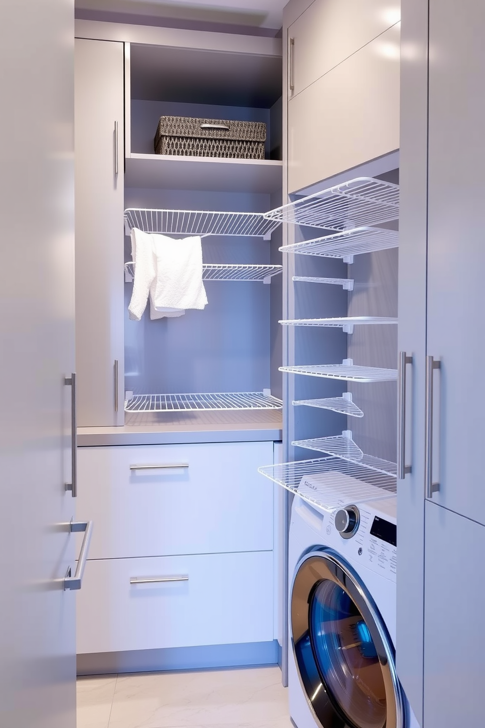 A modern laundry room featuring integrated drying racks that blend seamlessly into the overall design. The room showcases sleek cabinetry with a minimalist aesthetic and a functional layout that maximizes space efficiency.