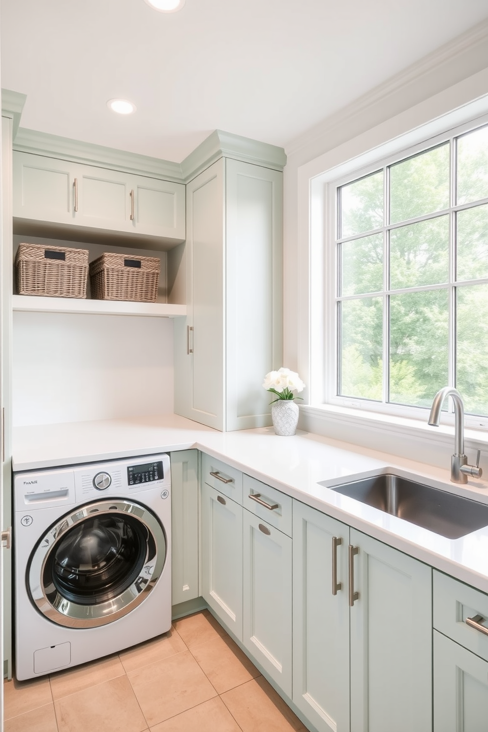 A modern laundry room featuring soft pastel colors to create a calming atmosphere. The space includes sleek cabinetry in a light mint green, complemented by a white countertop and a stylish sink. Washer and dryer units are seamlessly integrated into the cabinetry, with decorative baskets for organization. A large window allows natural light to fill the room, enhancing the serene pastel palette.