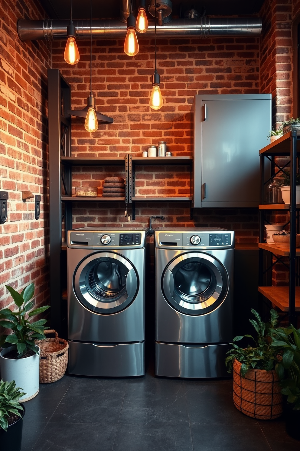 An industrial-style laundry room features exposed brick walls and large metal shelving units. The space is illuminated by pendant lights with vintage bulbs, creating a warm and inviting atmosphere. A sleek metal washer and dryer sit side by side, complemented by a sturdy wooden folding table. The floor is finished with dark concrete, while potted plants add a touch of greenery to the industrial aesthetic.