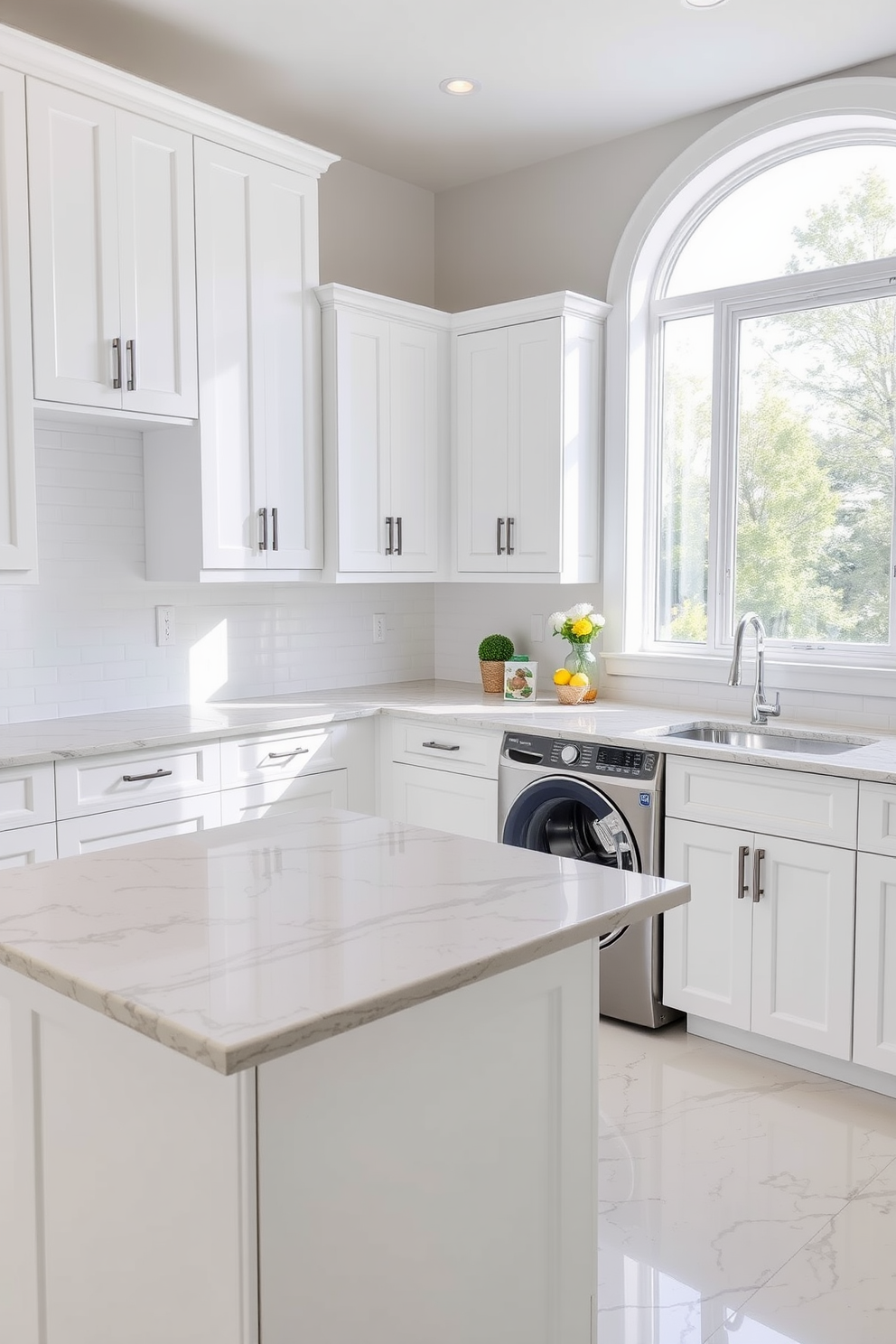 A modern laundry room features a spacious laundry island with a smooth quartz countertop. The island is equipped with built-in storage for detergents and fabric softeners, making organization effortless. Bright white cabinetry lines the walls, providing ample storage space while maintaining a clean aesthetic. A large window allows natural light to flood the room, enhancing the bright and airy atmosphere.