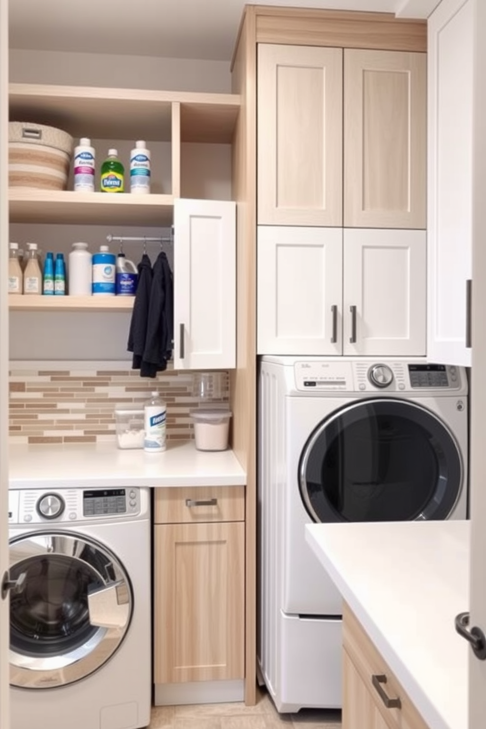 Smart storage solutions in every corner create an organized and efficient modern laundry room. Open shelving above the washer and dryer provides easy access to detergents and fabric softeners while a built-in cabinet conceals cleaning supplies. A spacious countertop allows for folding clothes and sorting laundry with ease. The room features a stylish backsplash and a mix of cabinetry in light wood and white, enhancing the contemporary aesthetic while maximizing functionality.