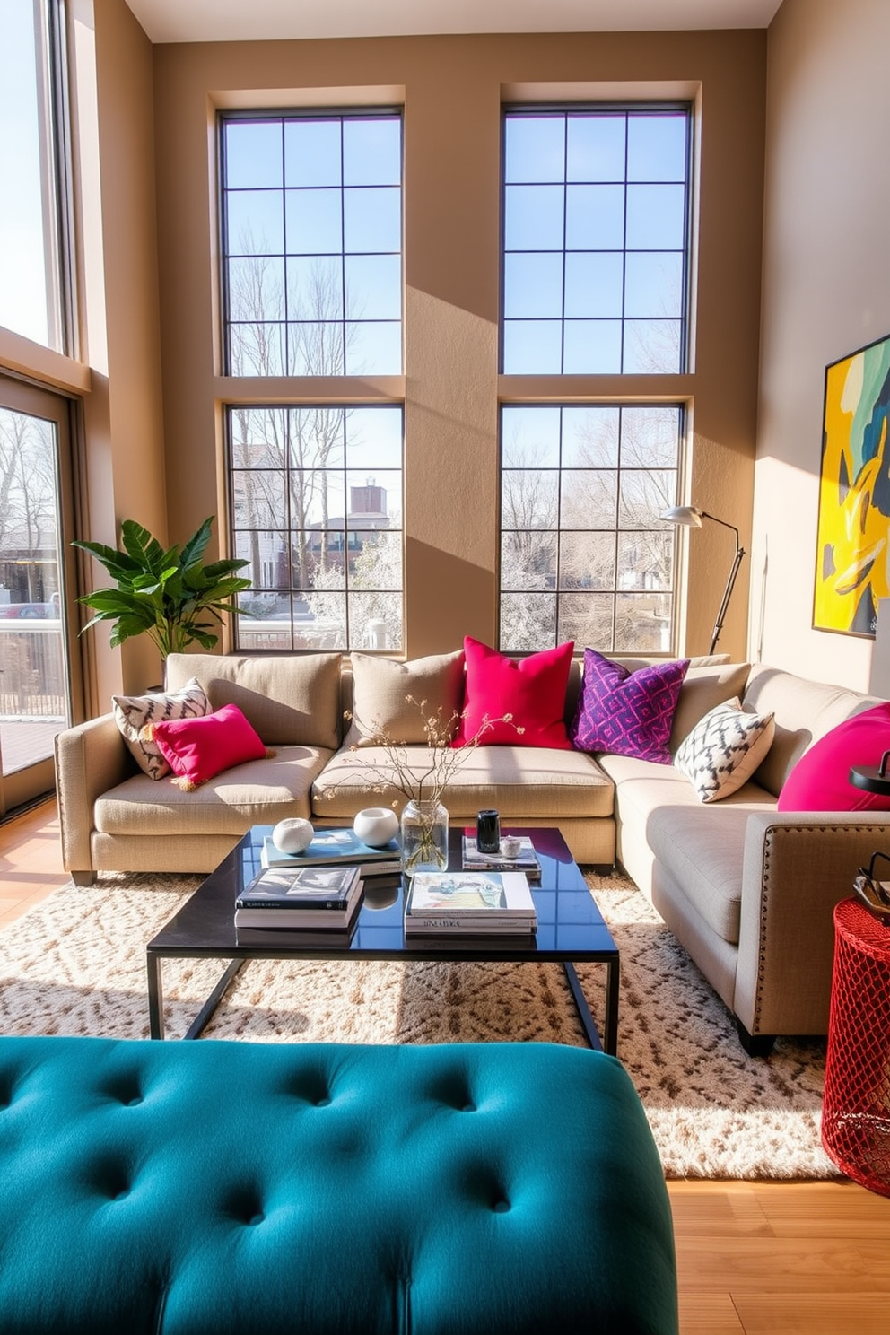 A cozy sectional sofa is positioned in the center of the room, adorned with bold accent pillows in vibrant colors and patterns. Large windows allow natural light to flood the space, highlighting a soft area rug beneath the furniture. A sleek coffee table sits in front of the sectional, topped with stylish decor and a few curated books. The walls are painted in a warm neutral tone, complemented by contemporary artwork that adds character to the modern living room.