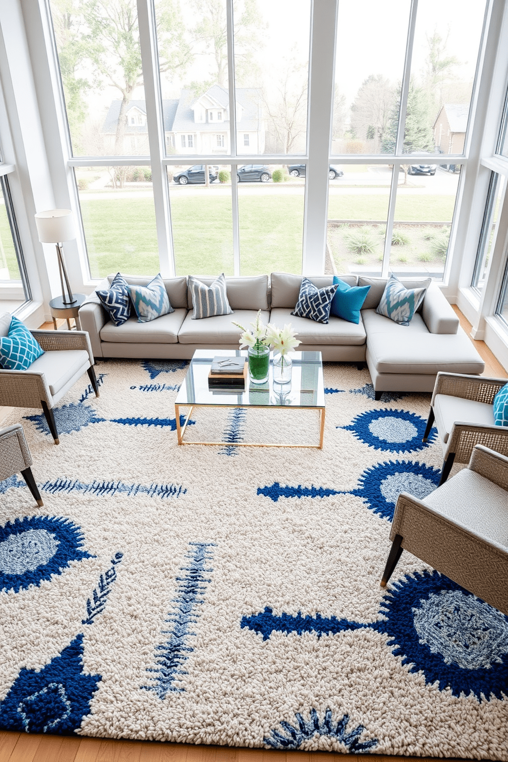 A modern living room features a plush area rug adorned with bold geometric patterns in shades of blue and gray. Complementing the rug, vibrant cushions with coordinating designs are scattered across a sleek sectional sofa, creating a cohesive and inviting space. Large windows allow natural light to flood the room, highlighting the clean lines of minimalist furniture. A statement coffee table sits at the center, surrounded by stylish accent chairs that enhance the contemporary aesthetic.