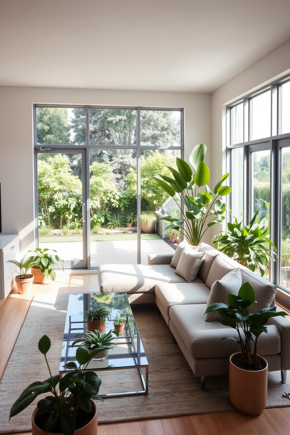 A modern living room filled with natural light. There are various indoor plants placed strategically around the room, including a tall fiddle leaf fig in the corner and smaller succulents on the coffee table. The furniture features a sleek sectional sofa in a neutral color, paired with a glass coffee table. A contemporary rug anchors the space, while large windows offer a view of a lush garden outside.