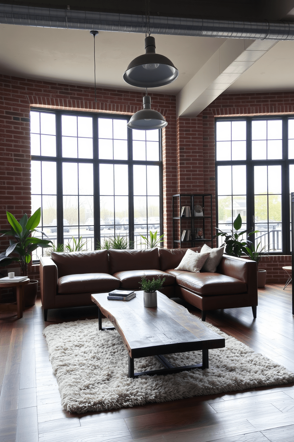 A modern living room featuring industrial elements with metal accents. The space includes a sleek leather sofa paired with a reclaimed wood coffee table, and large windows allow natural light to flood the room. Exposed brick walls add character, while metal light fixtures hang from the ceiling. A plush area rug anchors the seating area, and greenery from potted plants brings warmth to the industrial aesthetic.